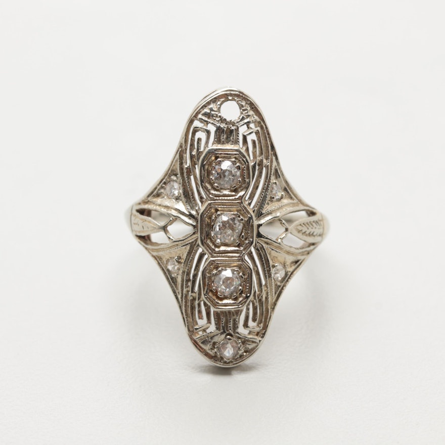 Art Deco 18K White Gold Diamond and Synthetic Spinel Filigree Ring