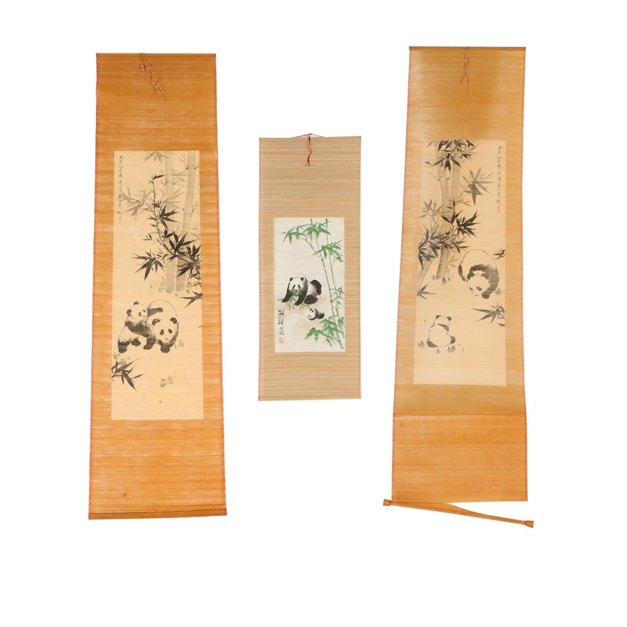 Chinese Ink Drawings and Gouache Painting on Bamboo of Pandas