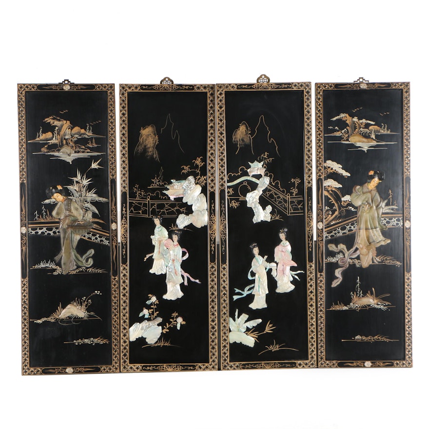 Chinese Lacquered Panels with Shell and Stone Relief