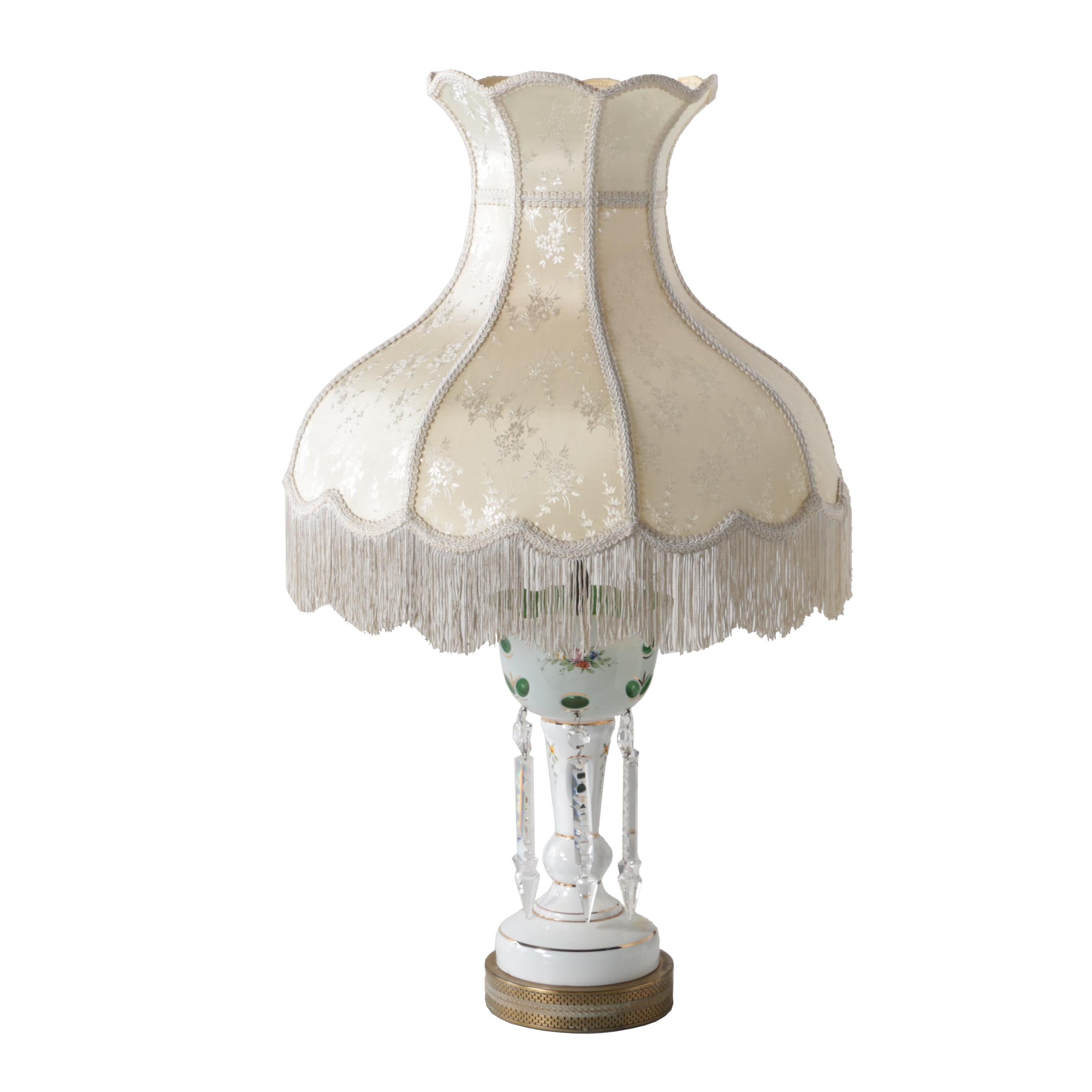 Bohemian Hand-Painted Cased Glass Table Lamp with Scalloped Shade, Circa 1940