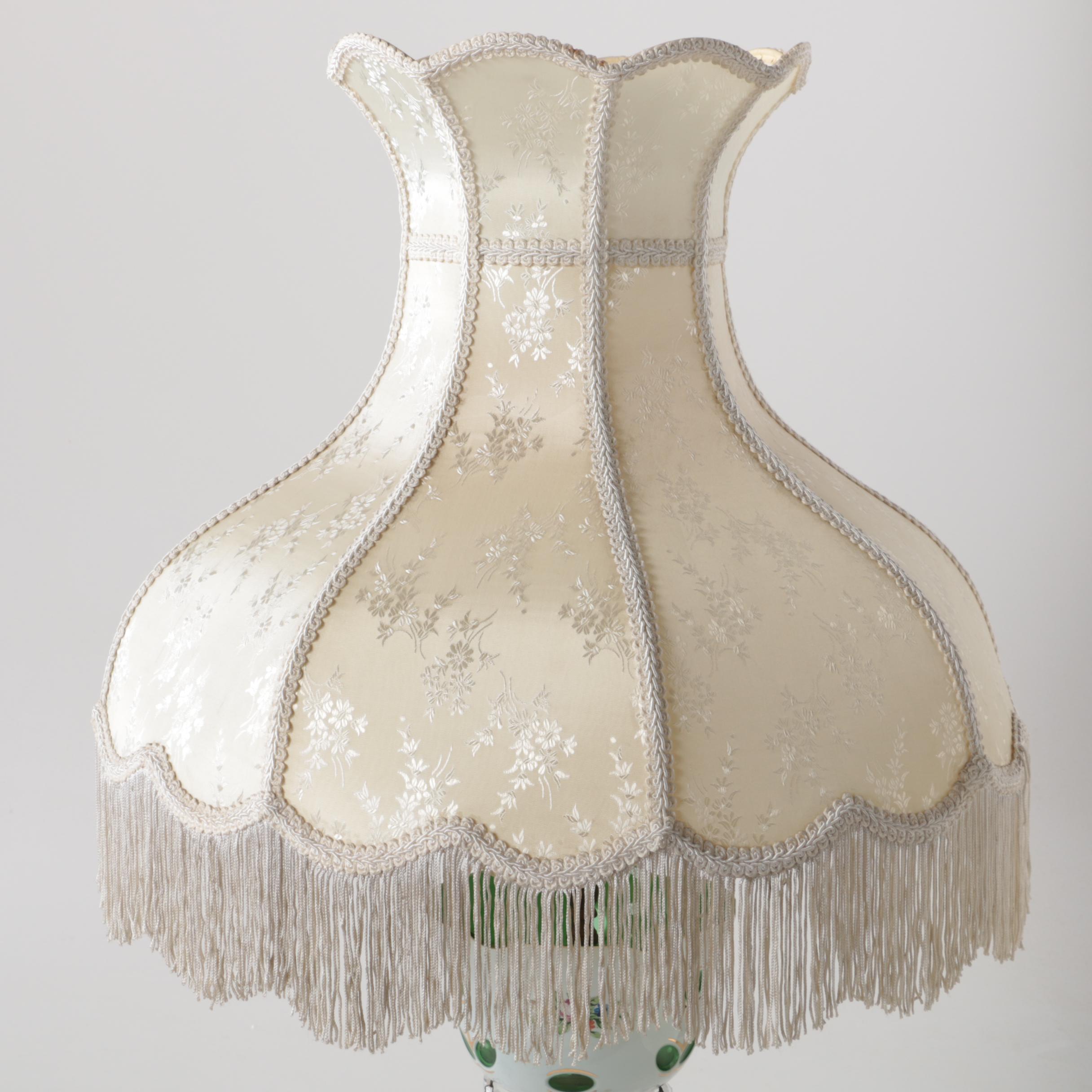 Bohemian Hand-Painted Cased Glass Table Lamp with Scalloped Shade, Circa 1940
