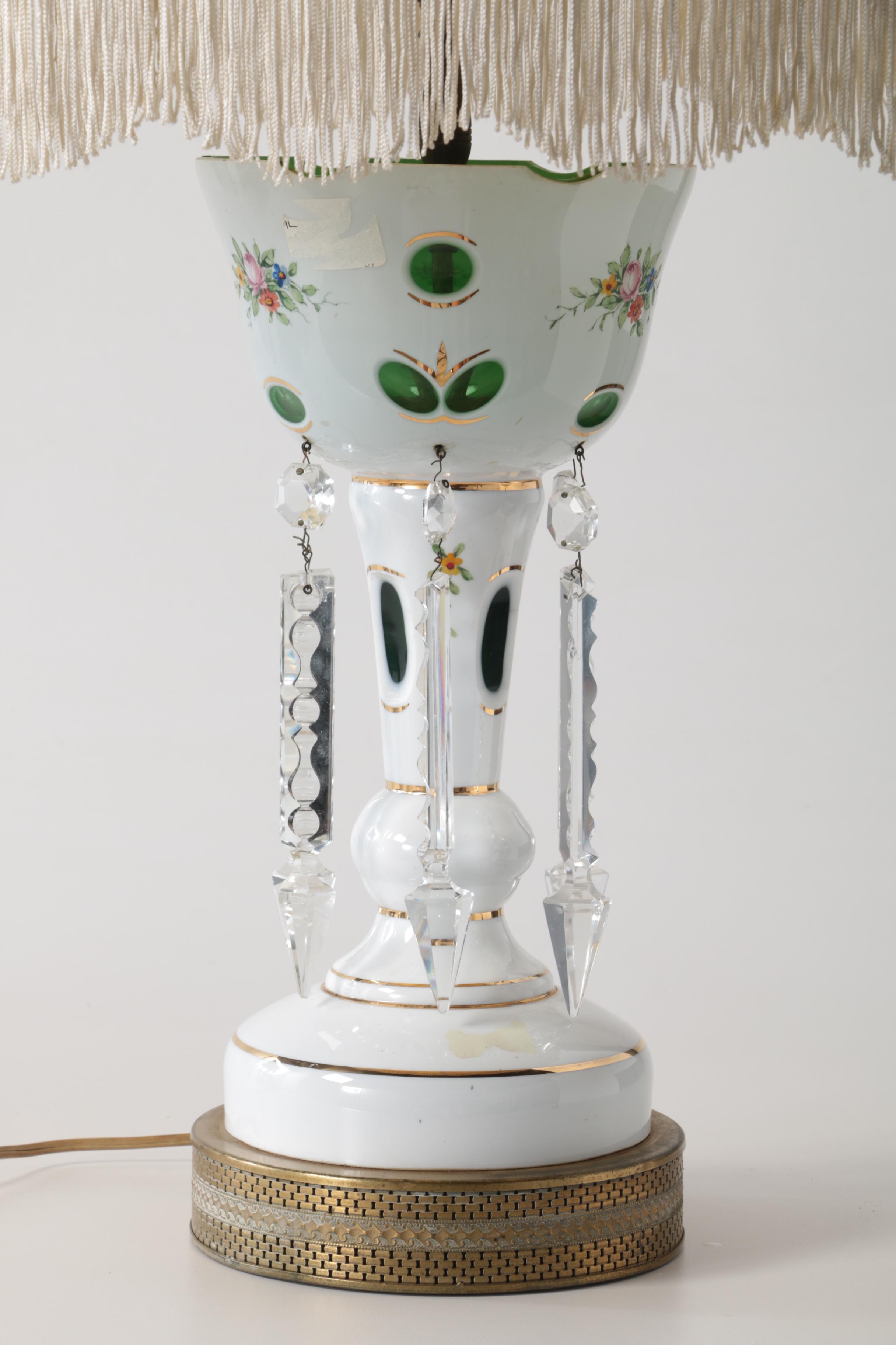 Bohemian Hand-Painted Cased Glass Table Lamp with Scalloped Shade, Circa 1940