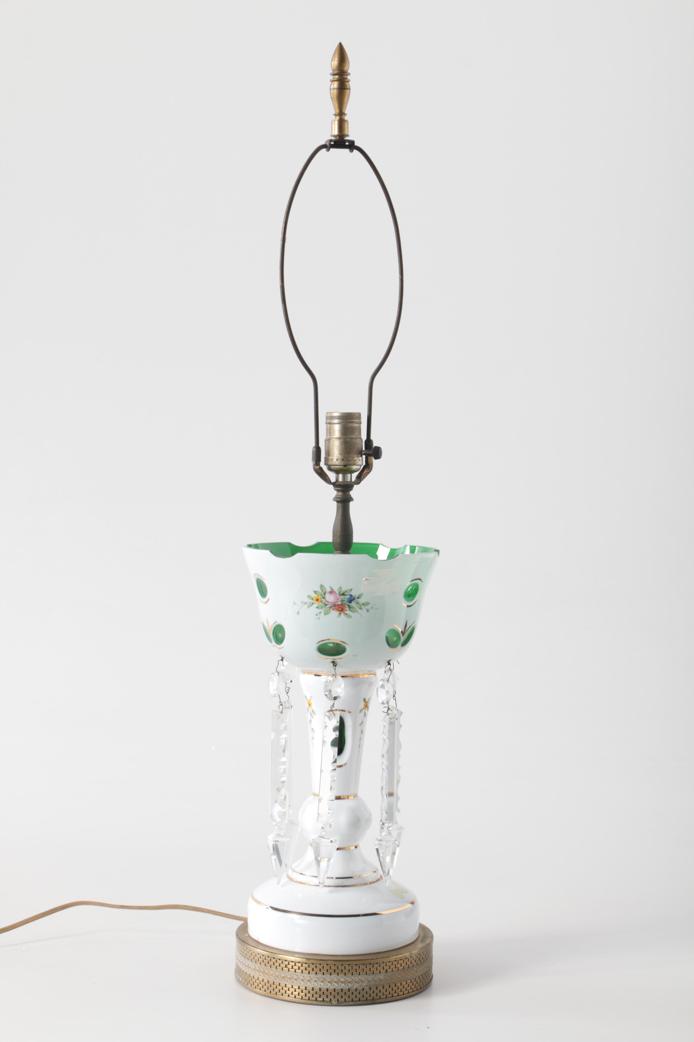 Bohemian Hand-Painted Cased Glass Table Lamp with Scalloped Shade, Circa 1940