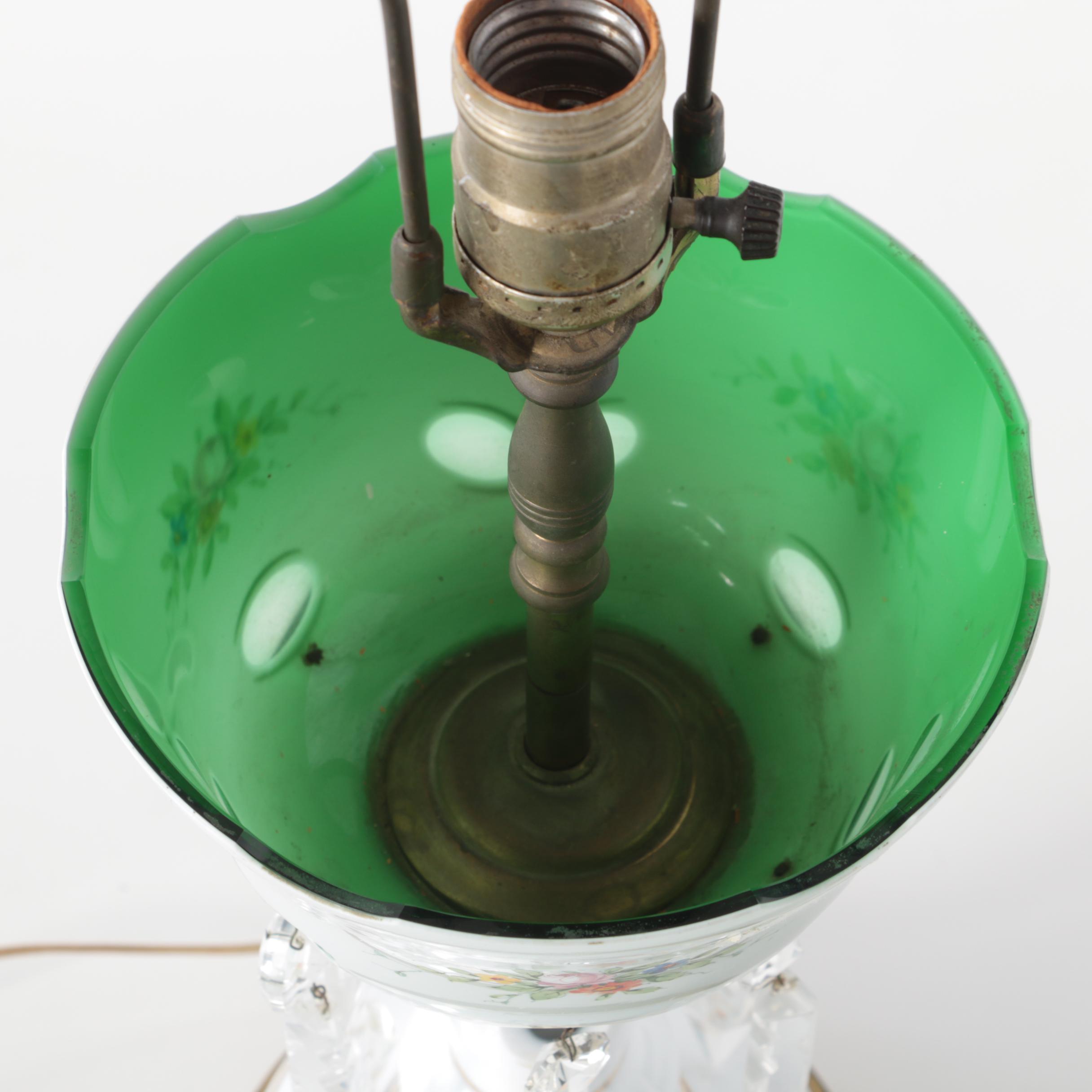 Bohemian Hand-Painted Cased Glass Table Lamp with Scalloped Shade, Circa 1940