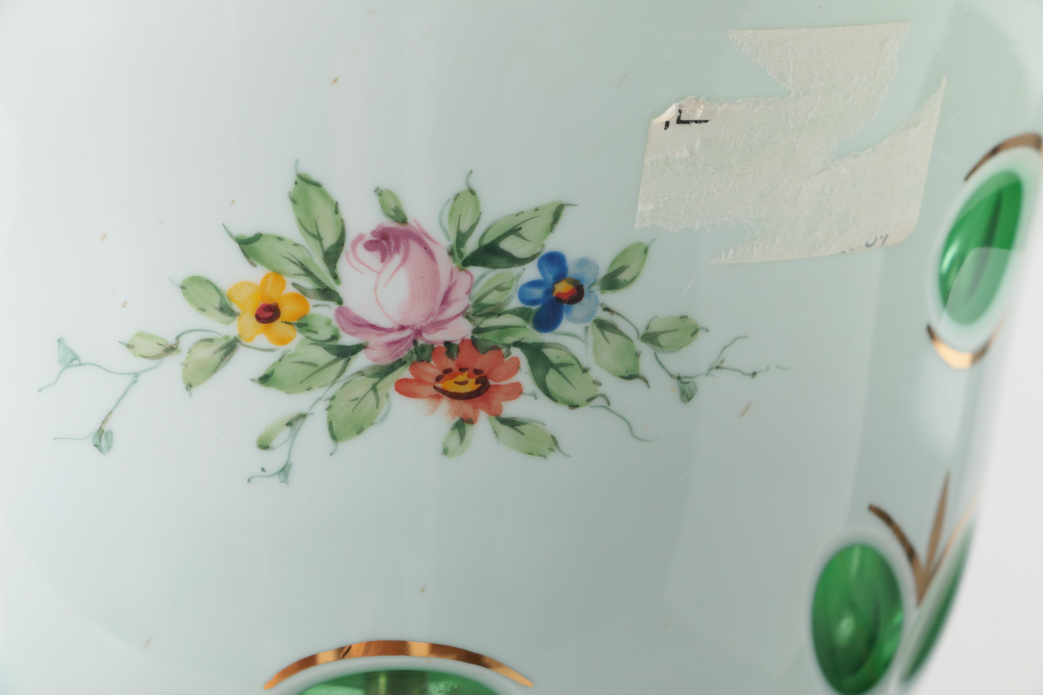 Bohemian Hand-Painted Cased Glass Table Lamp with Scalloped Shade, Circa 1940