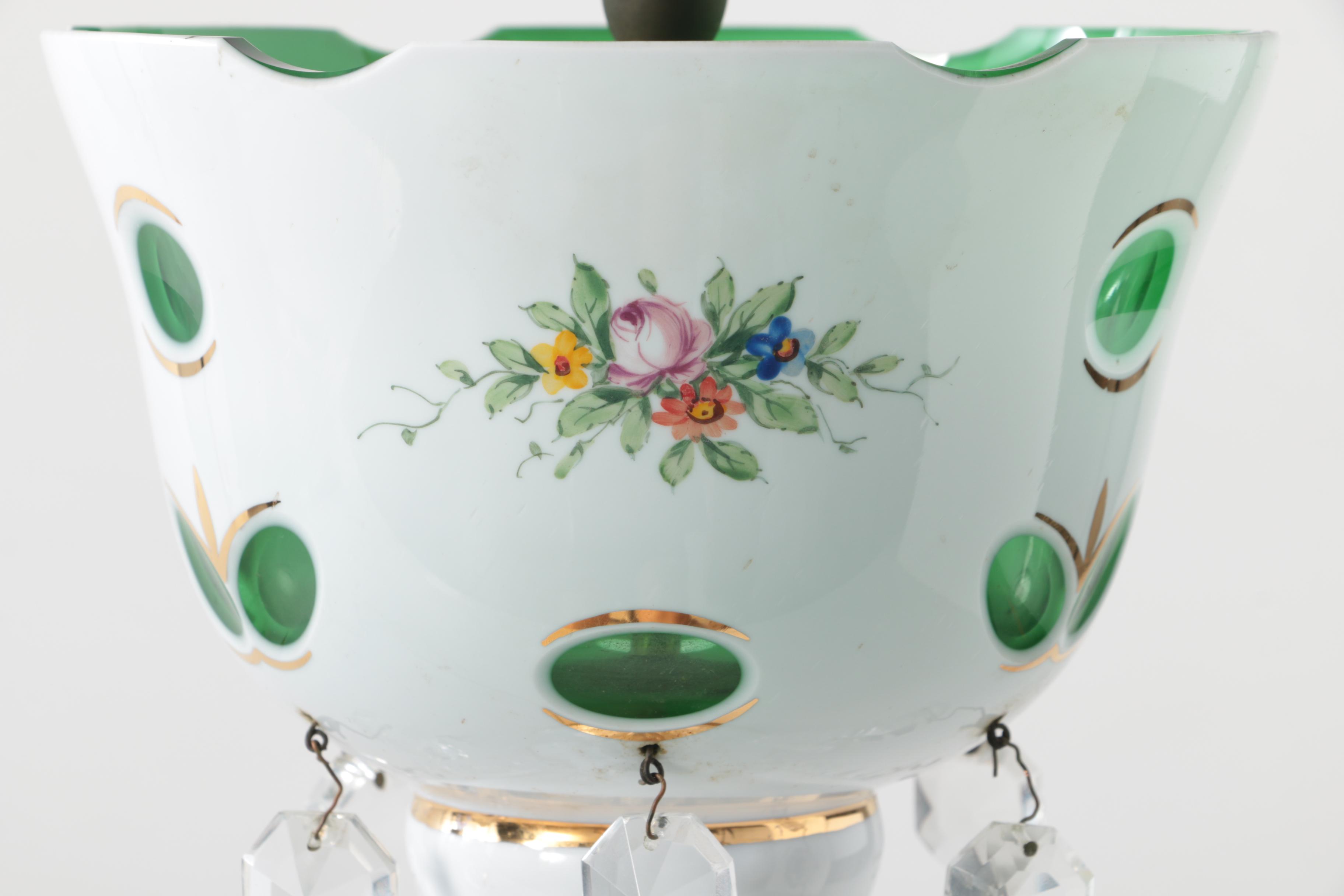 Bohemian Hand-Painted Cased Glass Table Lamp with Scalloped Shade, Circa 1940