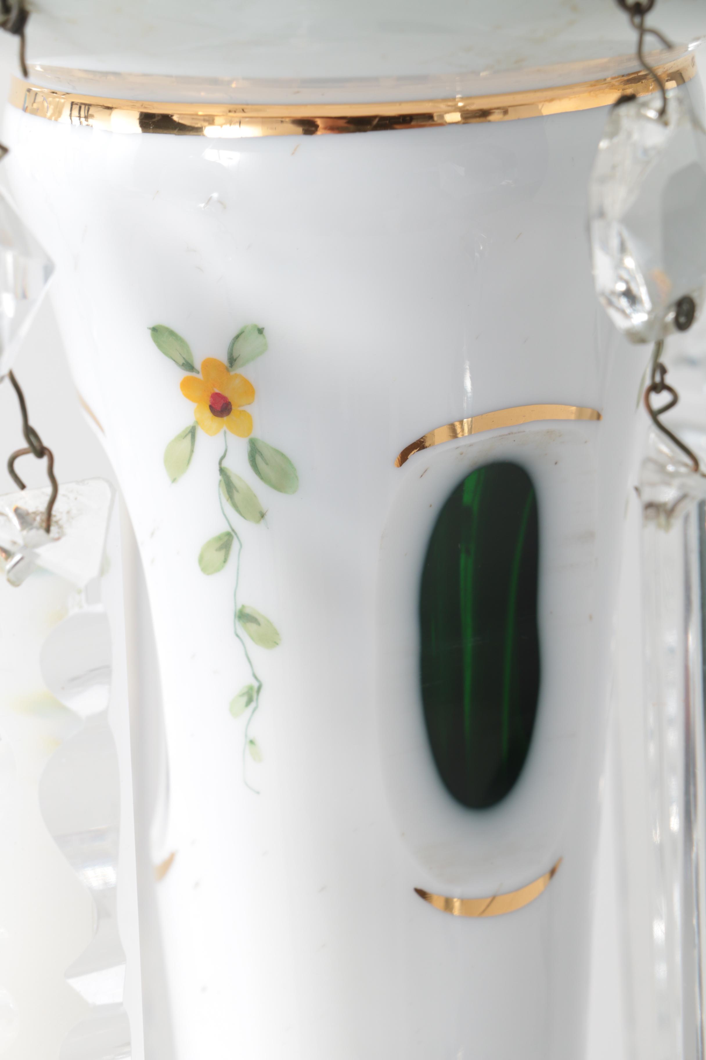 Bohemian Hand-Painted Cased Glass Table Lamp with Scalloped Shade, Circa 1940