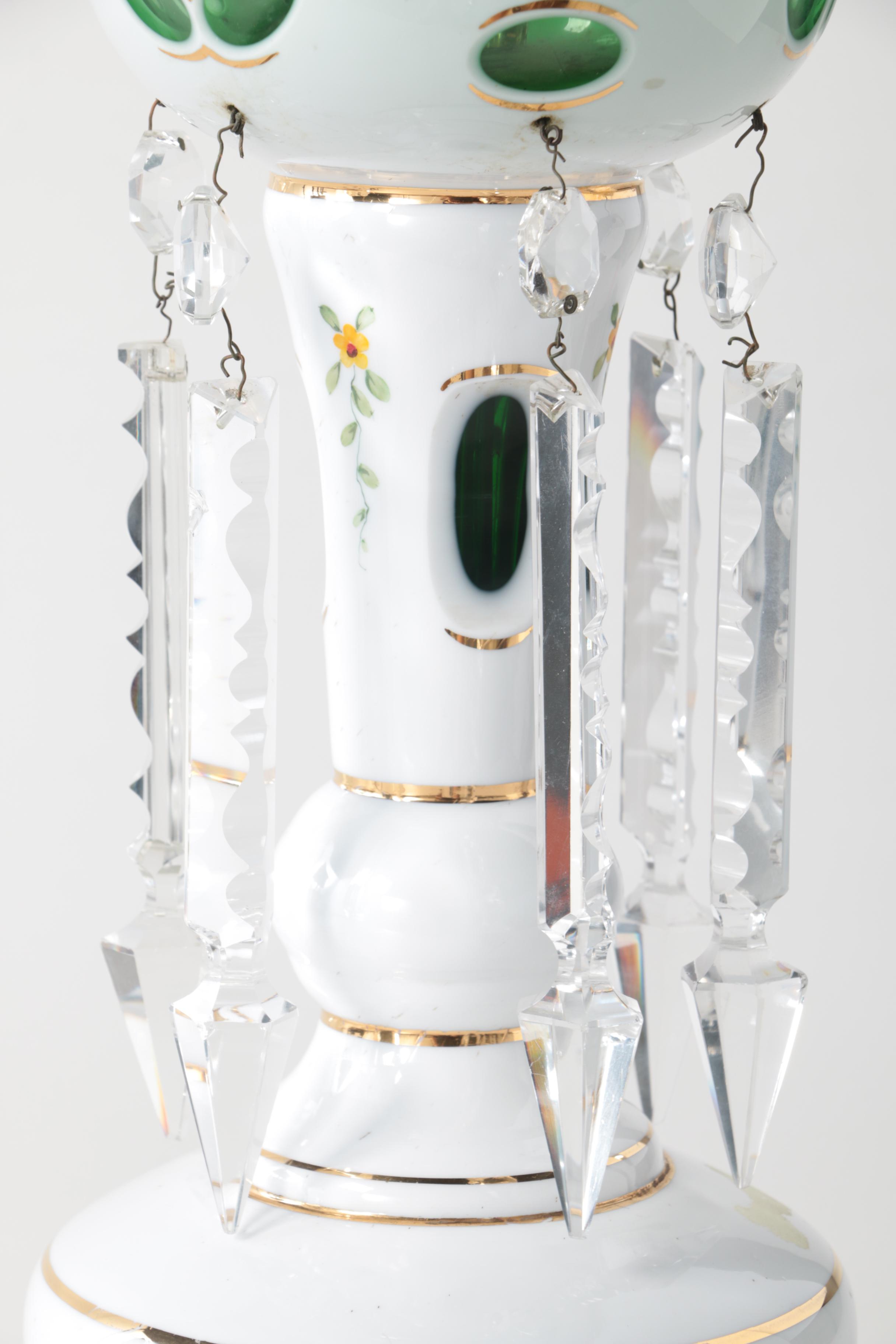 Bohemian Hand-Painted Cased Glass Table Lamp with Scalloped Shade, Circa 1940