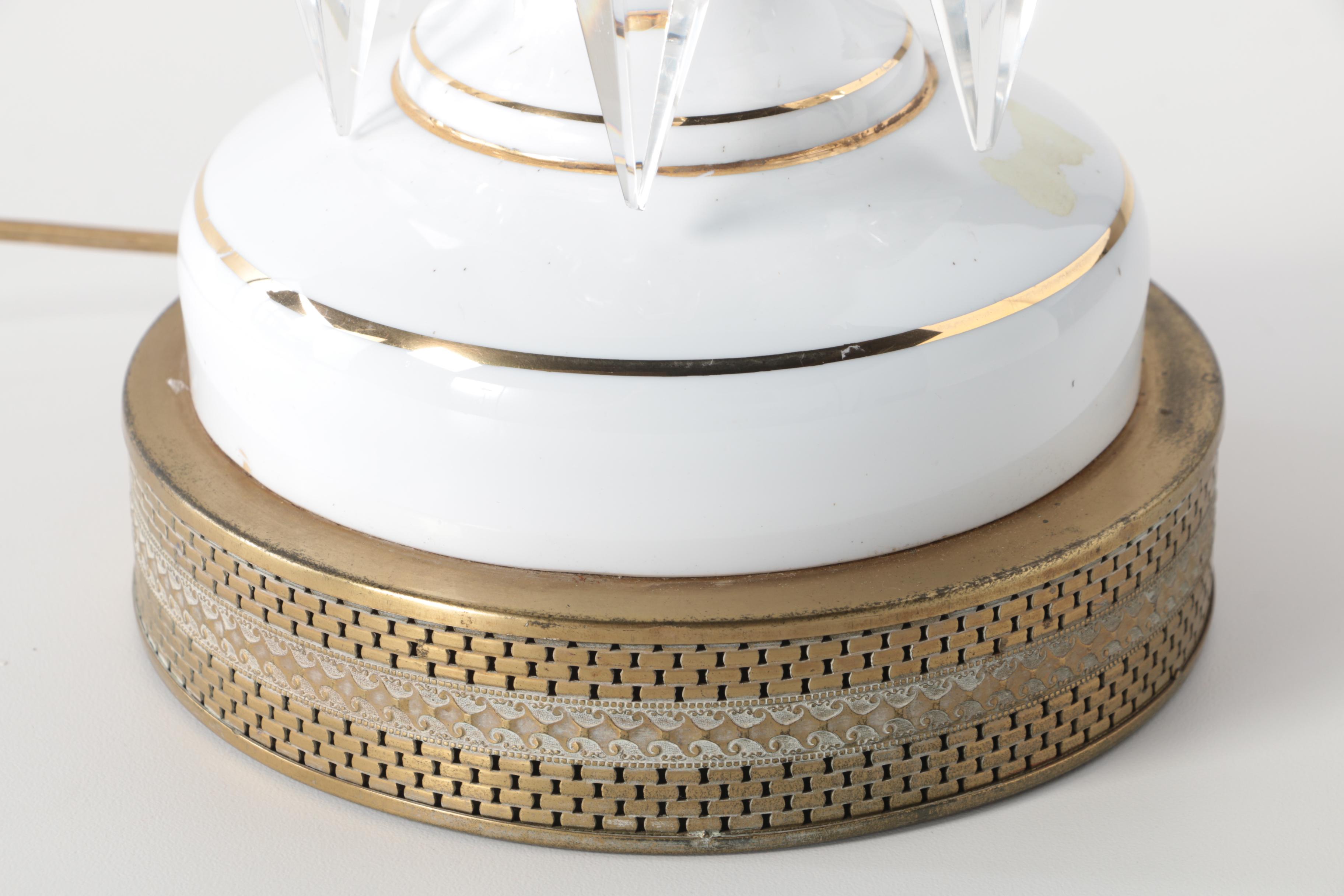 Bohemian Hand-Painted Cased Glass Table Lamp with Scalloped Shade, Circa 1940