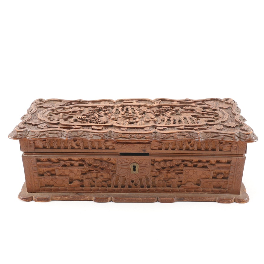 Chinese Carved Wood Box with Hinged Lid