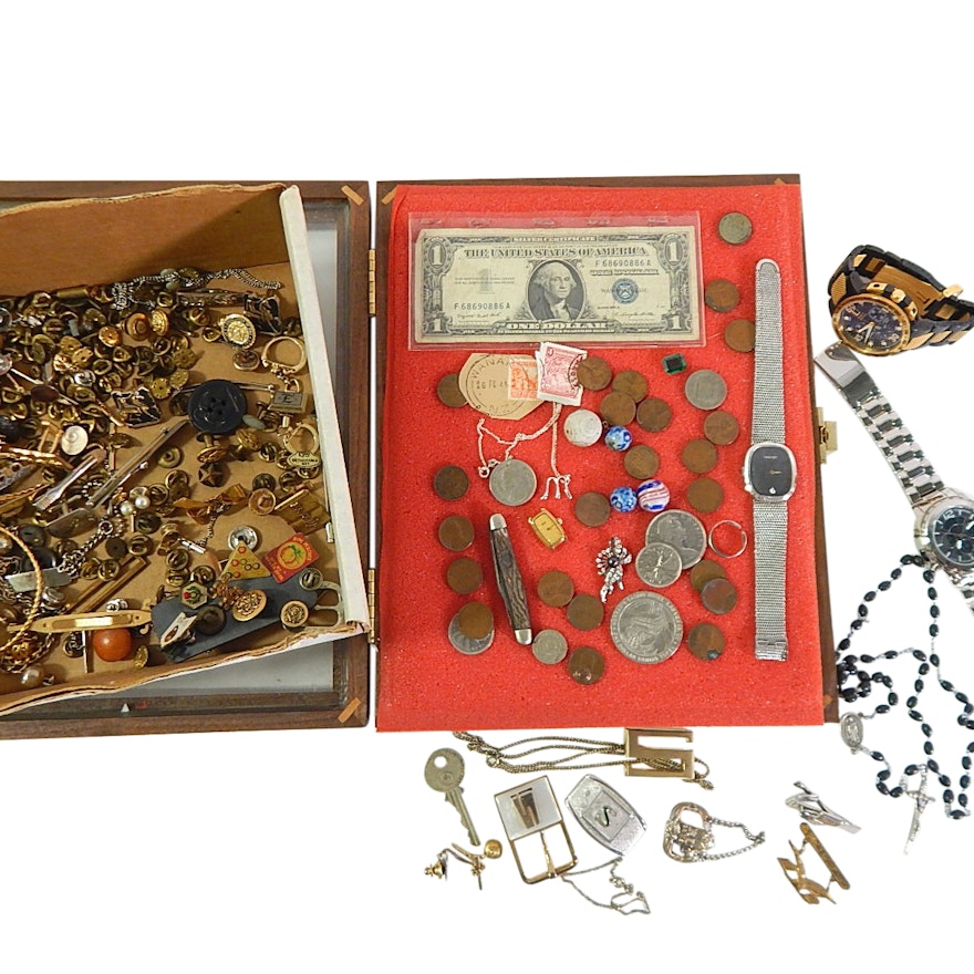 Assorted Jewelry and Coins, Knives, Currency, Watches, Pins, Rosary, Marbles