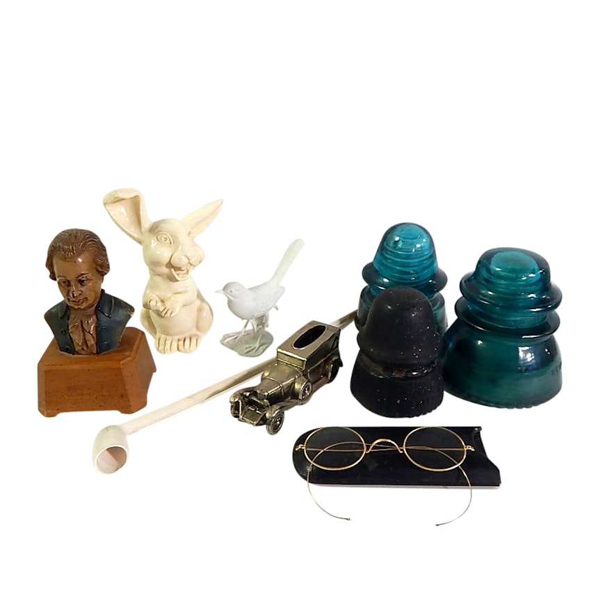 Antique Gold Tone Wire-Rim Glasses, Glass Insulators, Figurines, Clay Pipe