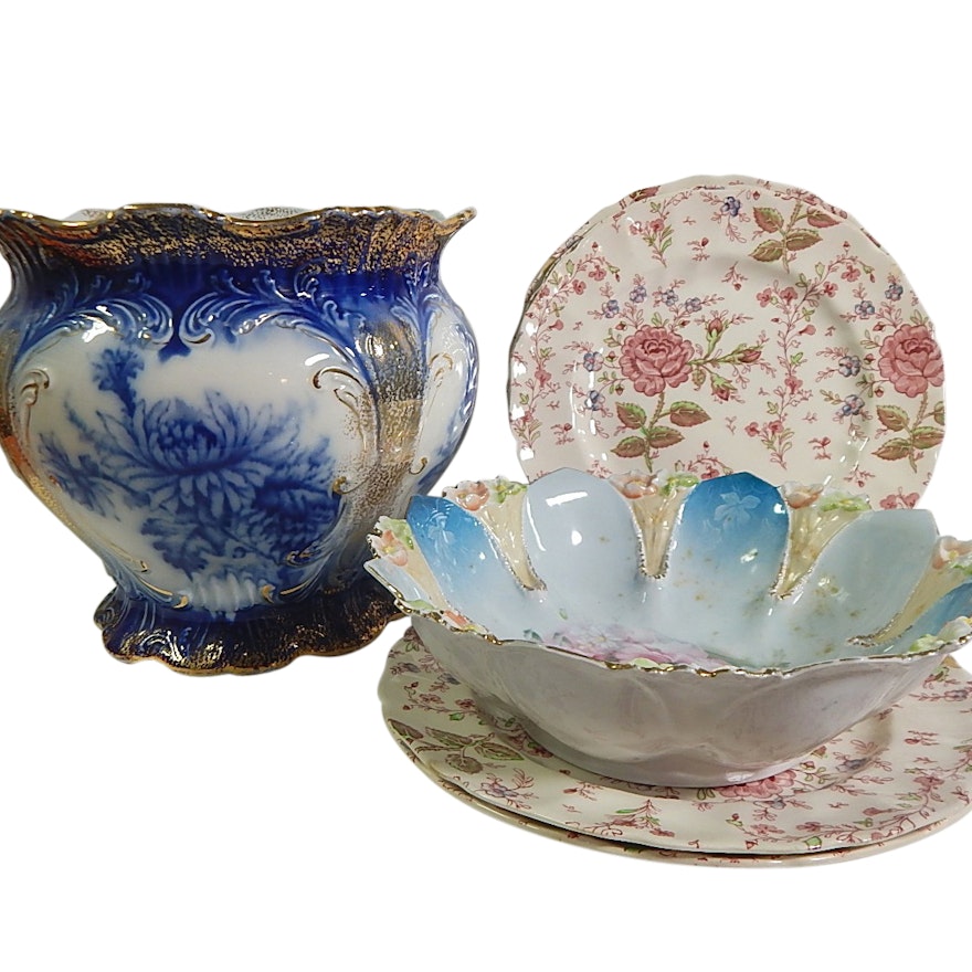 Antique Flow Blue Jardiniere, Rose Chintz Plates, R.S. Prussia Bowl