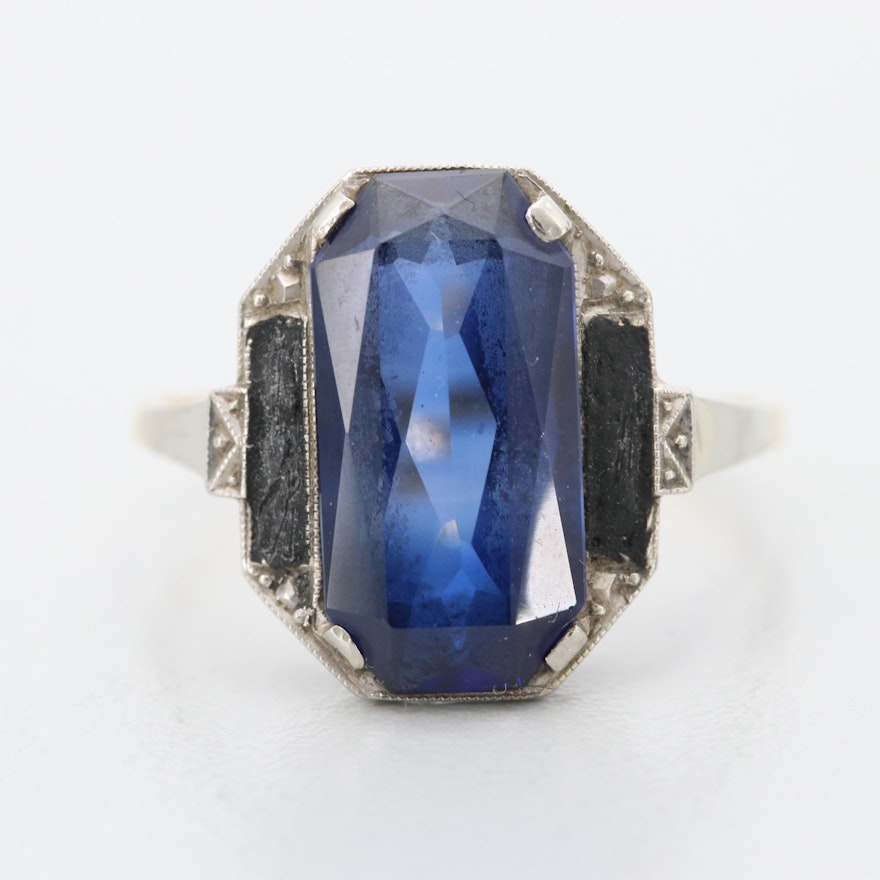 Art Deco Yugoslavian 14K Yellow and White Gold Synthetic Sapphire Ring