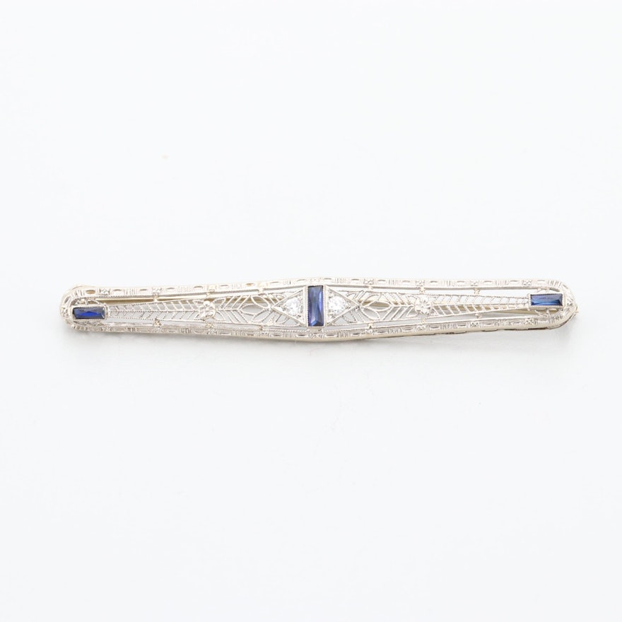 Art Deco 14K White Gold Synthetic Sapphire and Diamond Filigree Brooch