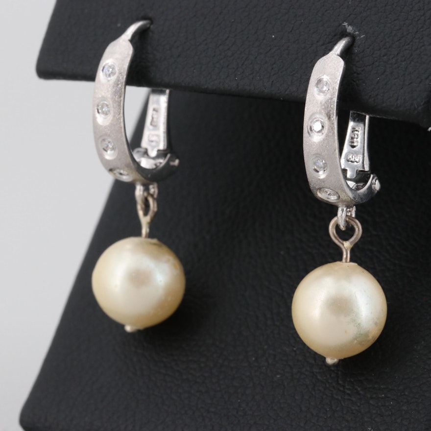 14K White Gold Diamond and Imitation Pearl Earrings