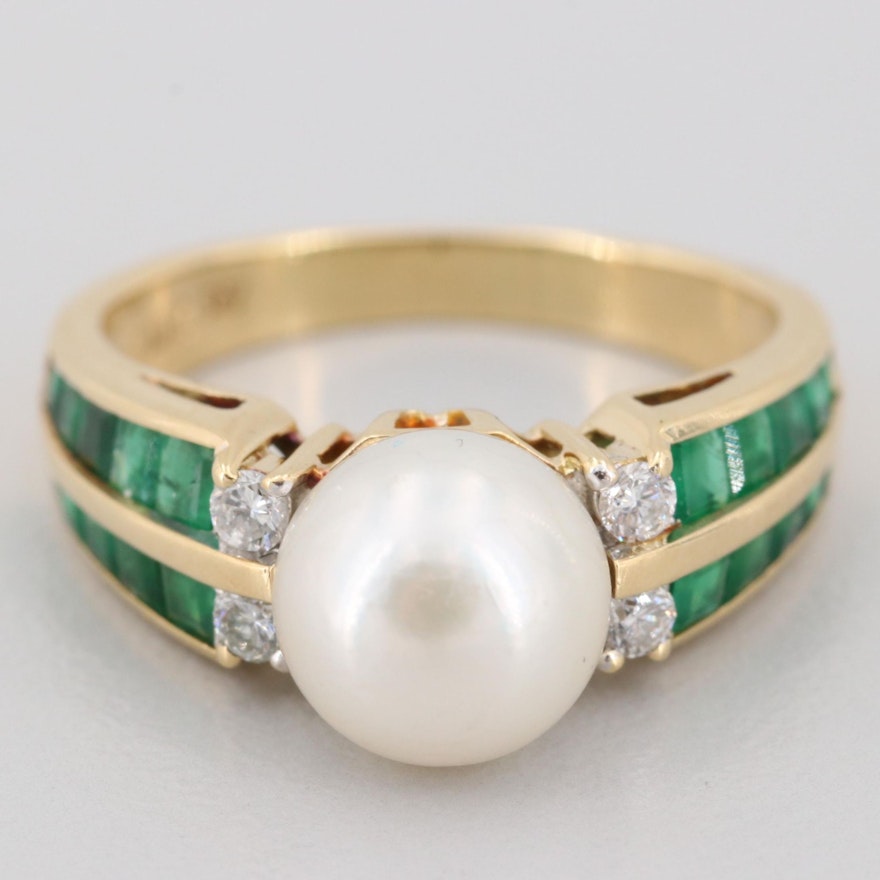 18K Yellow Gold Pearl, Emerald and Diamond Ring