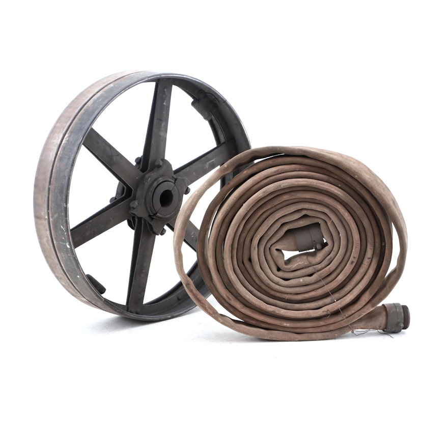 Canvas Firehose and Metal Wheel, Mid 20th Century