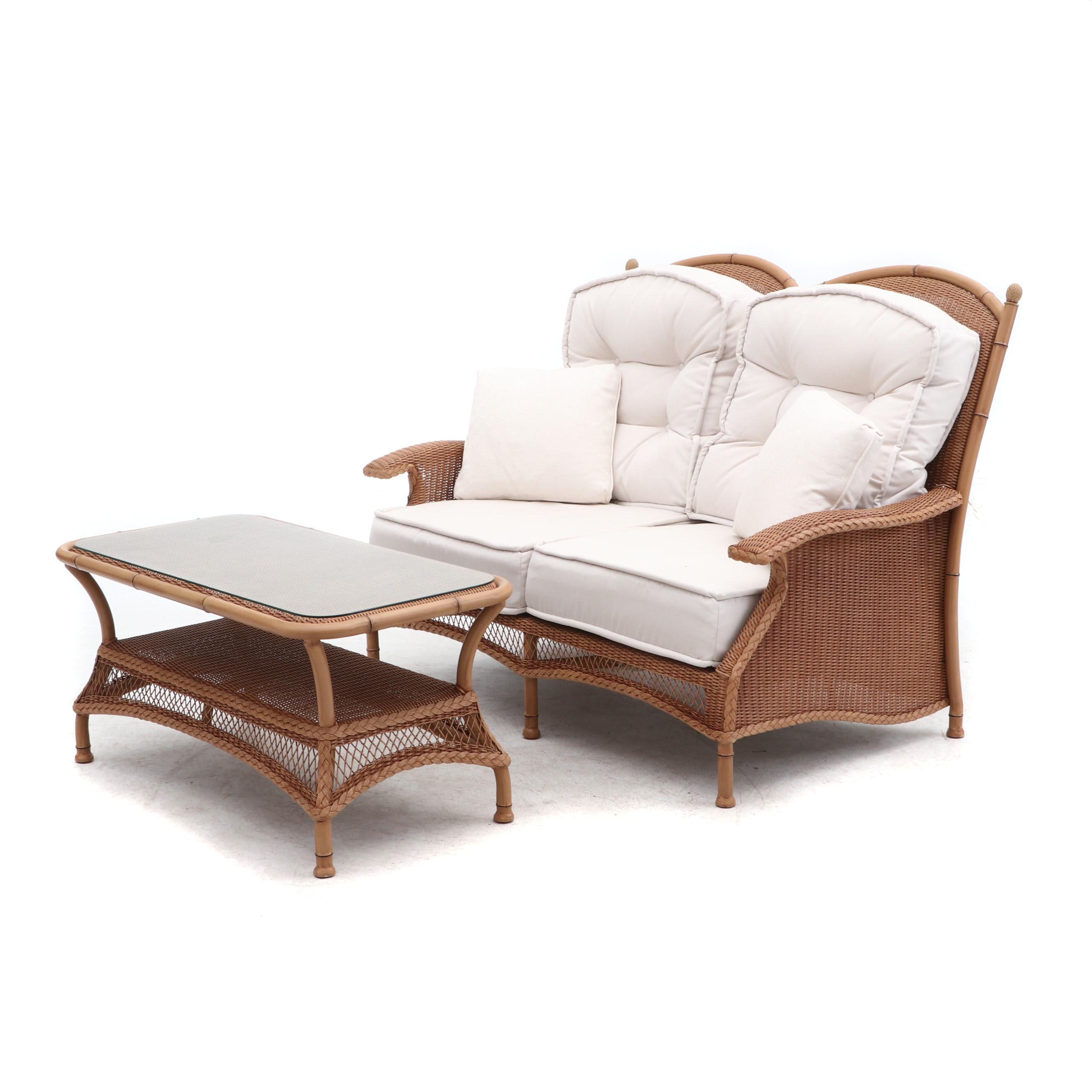 Lloyd Loom Woven Wicker Patio Love Seat and Coffee Table by Lloyd Flanders