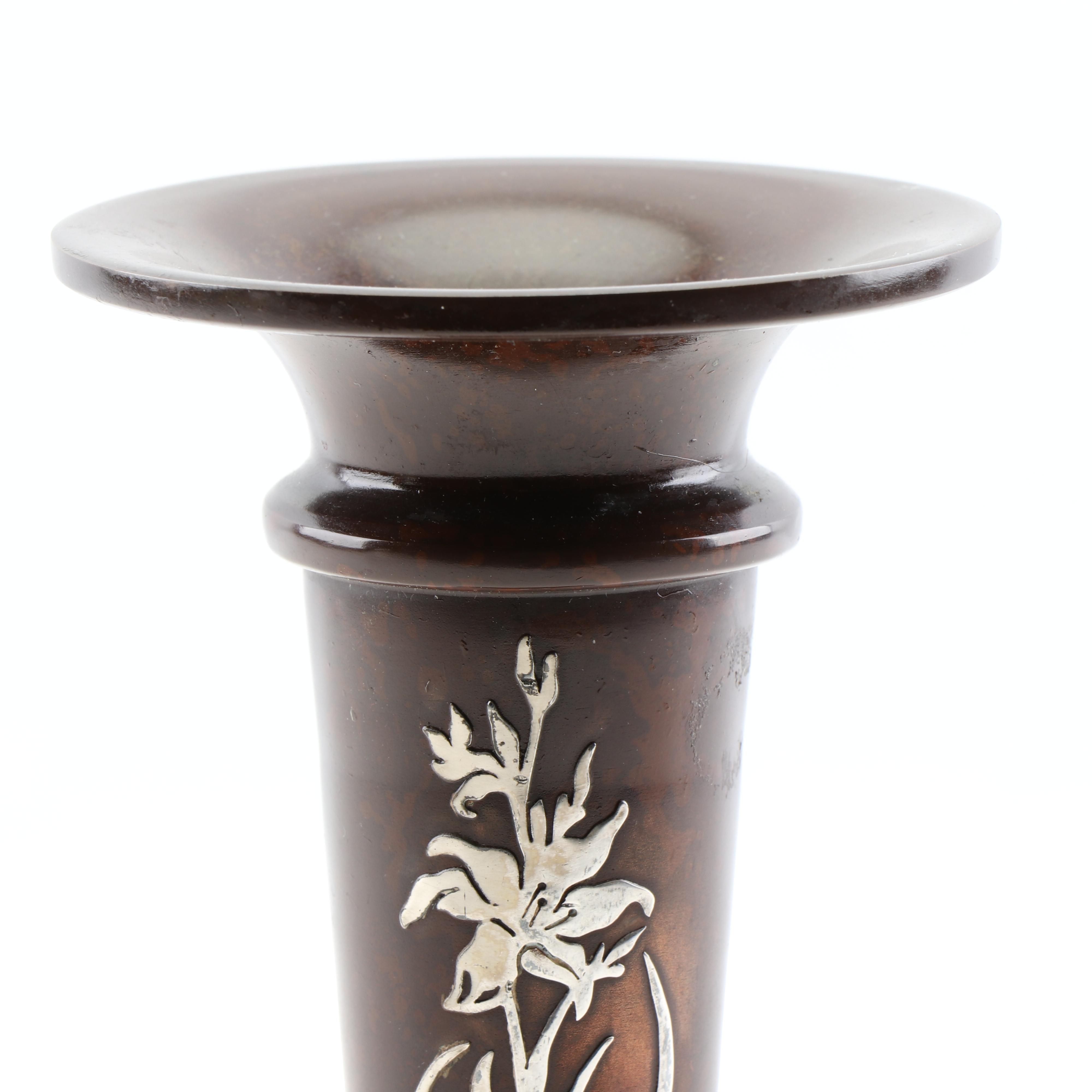 Heintz Arts and Crafts Sterling on Bronze Iris Trumpet Vase, Early 20th Century