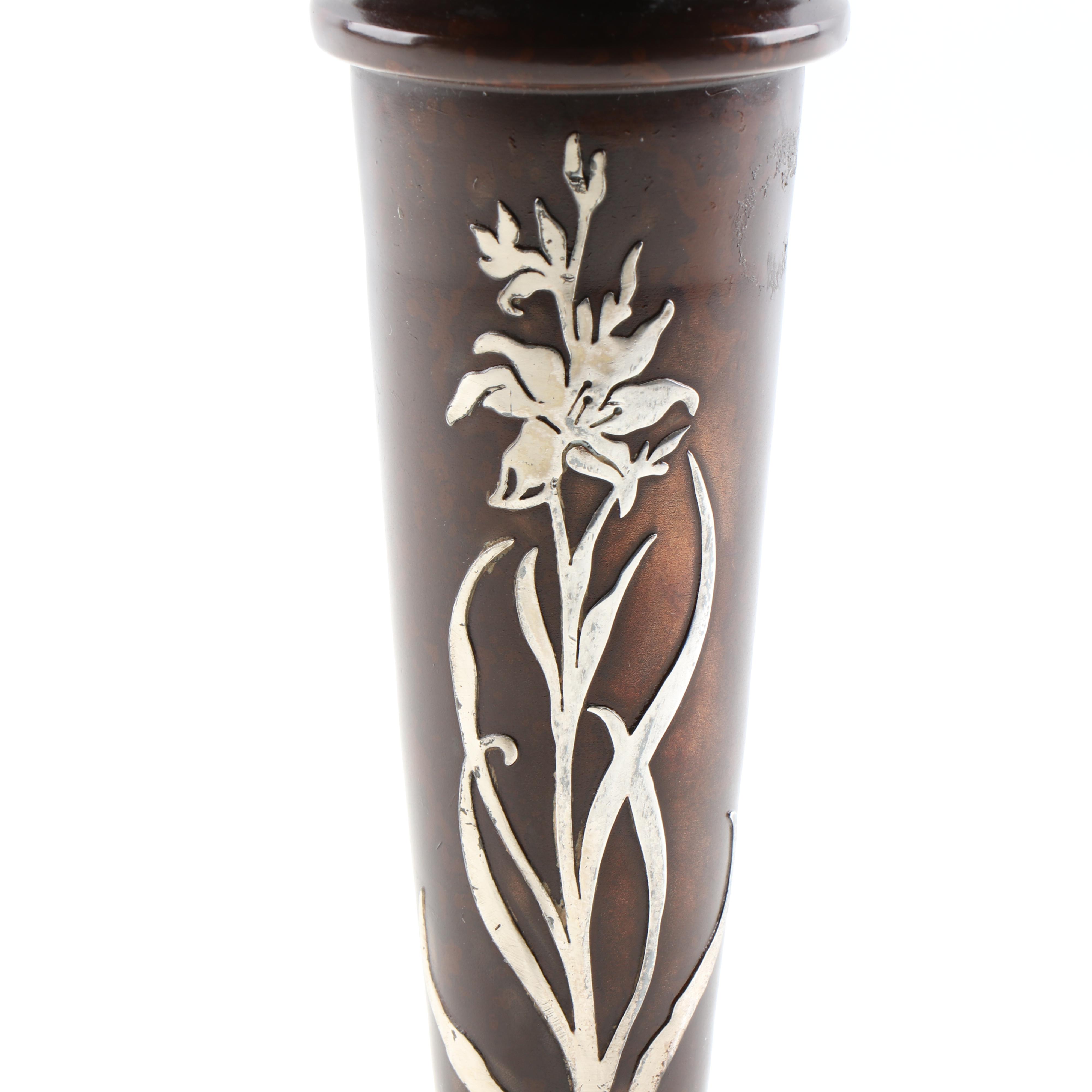 Heintz Arts and Crafts Sterling on Bronze Iris Trumpet Vase, Early 20th Century