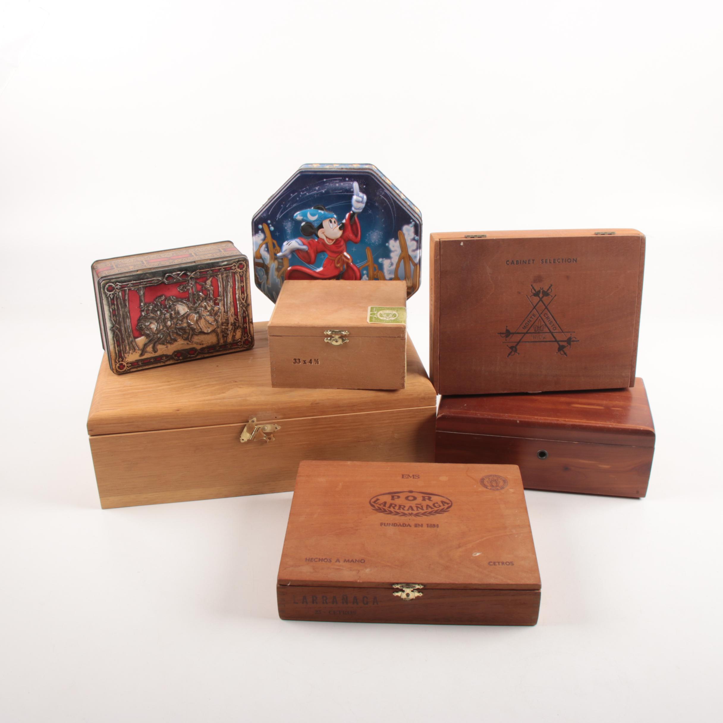 Selection of Cigar Boxes and Decorative Tin Boxes with Mineral Specimens