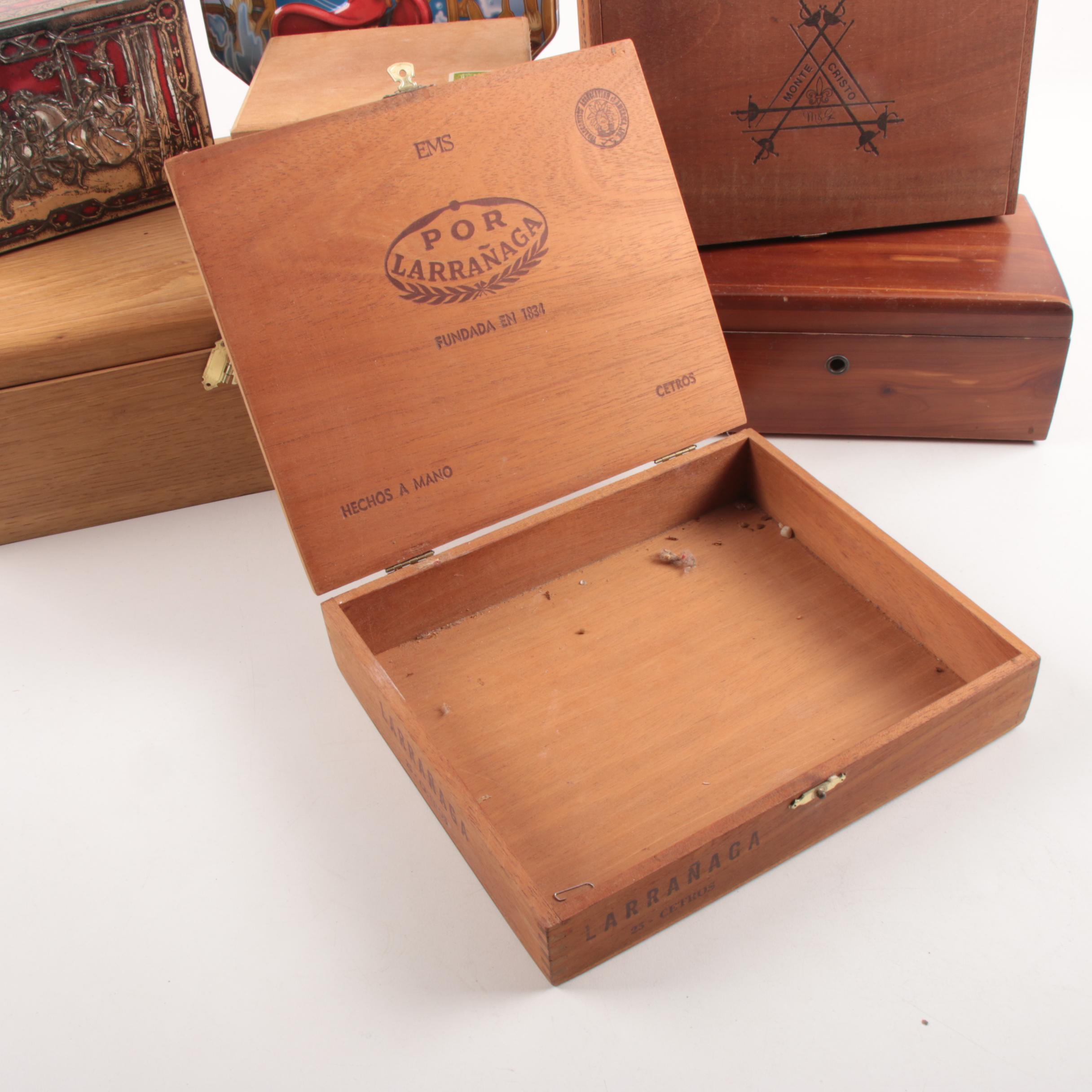 Selection of Cigar Boxes and Decorative Tin Boxes with Mineral Specimens