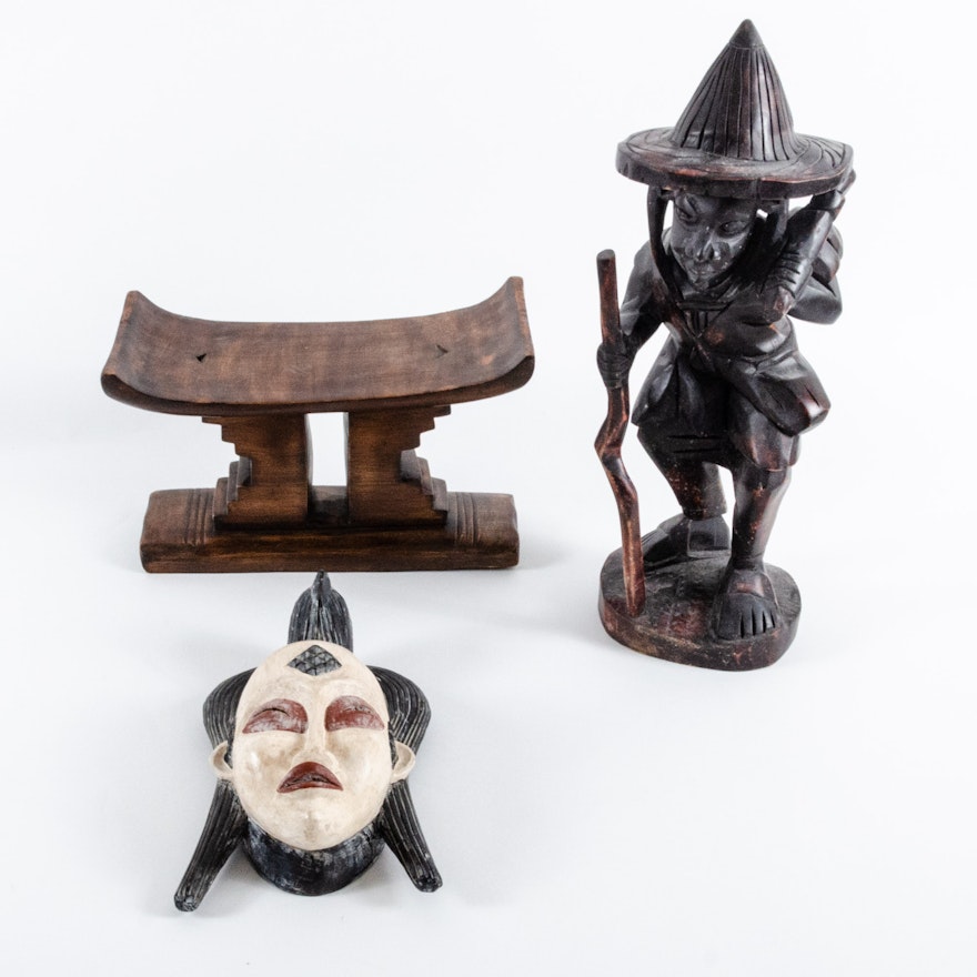 Punu Style Mask, Ghanaian Figurine and Ashanti Fawohodie Style Stool