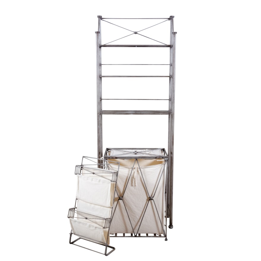 Wrought Iron Étagère, Canvas Hamper and Magazine Rack