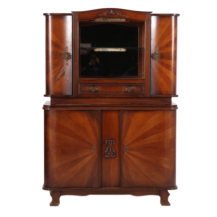 Late Victorian Style Oak Starburst Veneer China Cabinet with Mirror, 20th Cent.