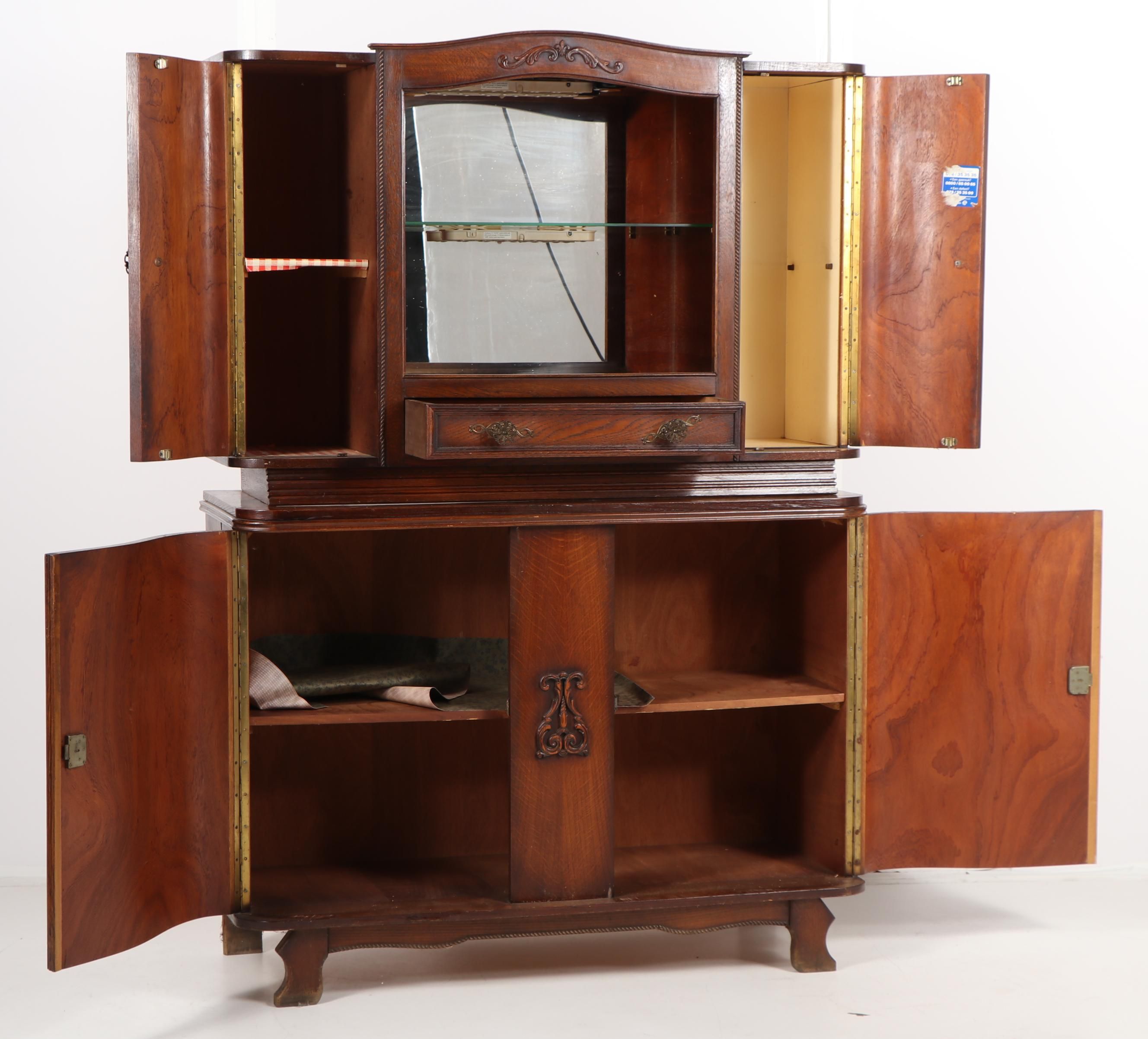 Late Victorian Style Oak Starburst Veneer China Cabinet with Mirror, 20th Cent.