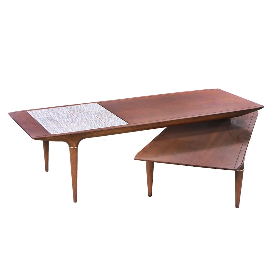 Mid Century Modern Tile Accented Cherry "Jackknife" Coffee Table by Lane, 1960s