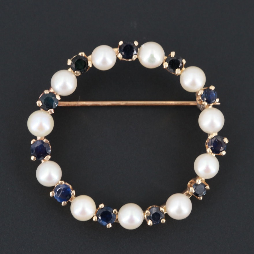 14K Yellow Gold Blue Sapphire and Cultured Pearls Brooch