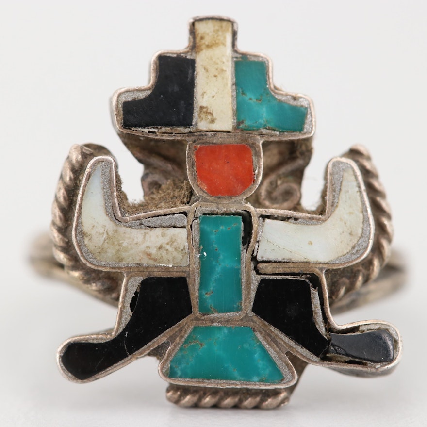 Sterling Silver Turquoise, Mother of Pearl, and Coral Knifewing Motif Ring