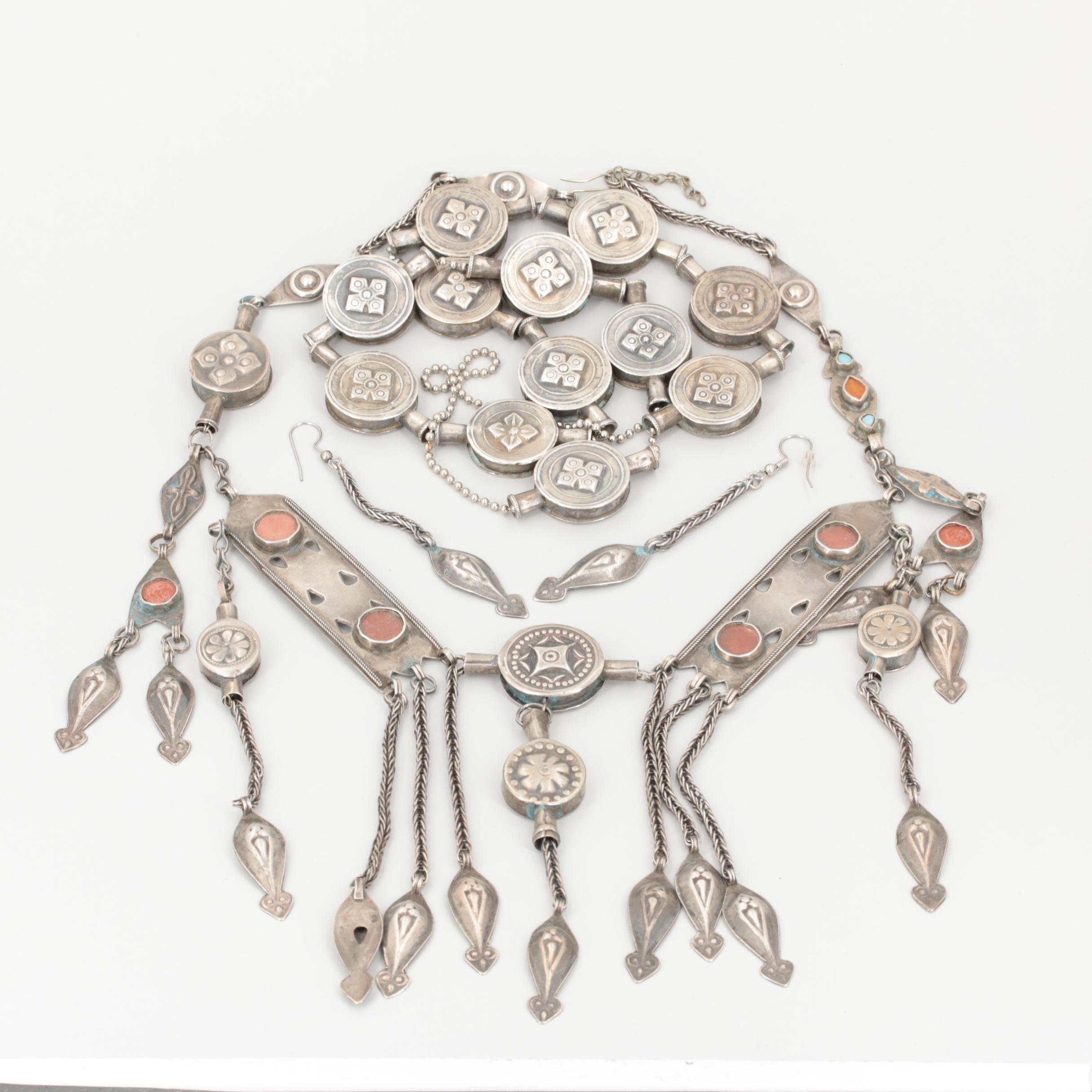 Vintage Kazakh Style Silver Tone Jewelry with Glass Accents