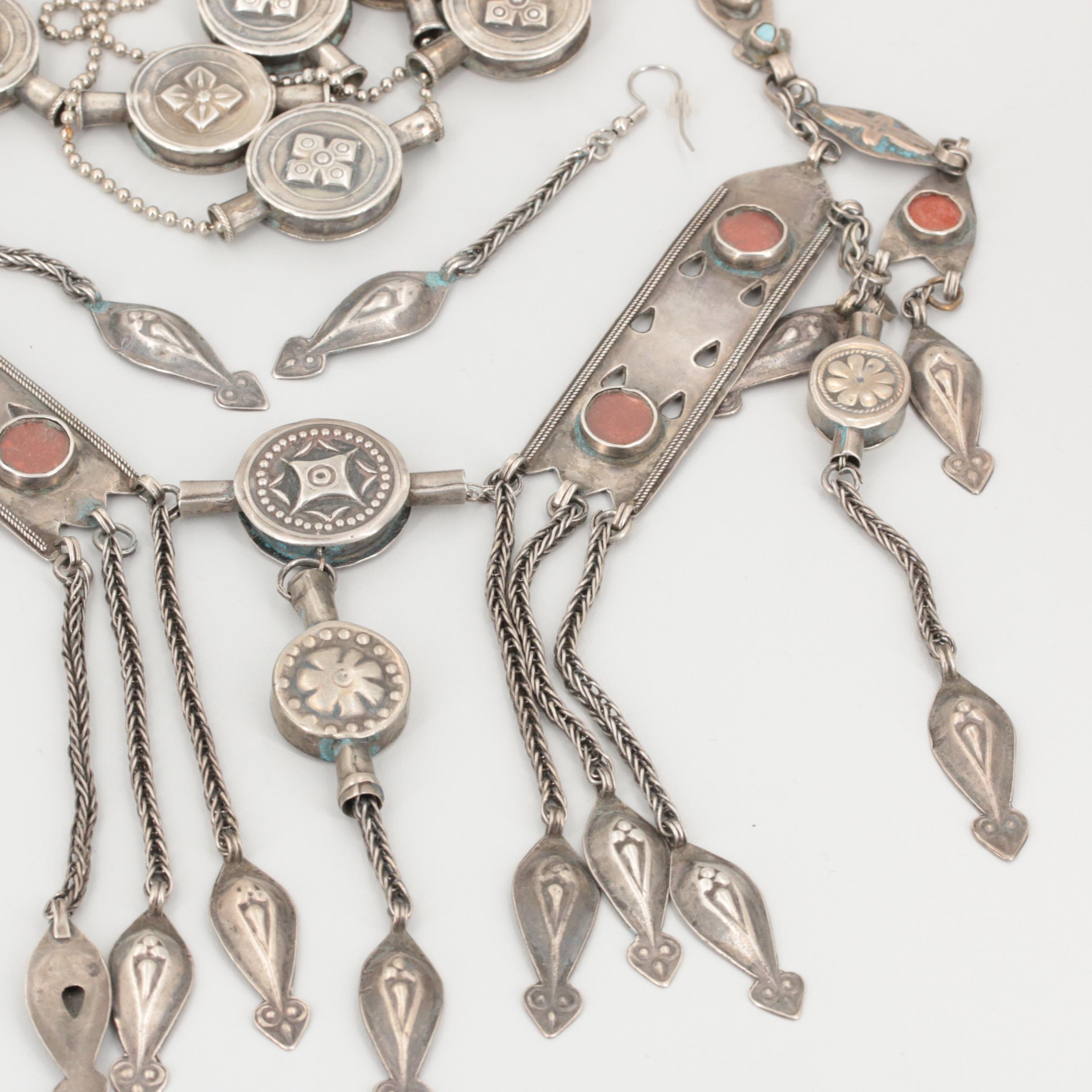 Vintage Kazakh Style Silver Tone Jewelry with Glass Accents