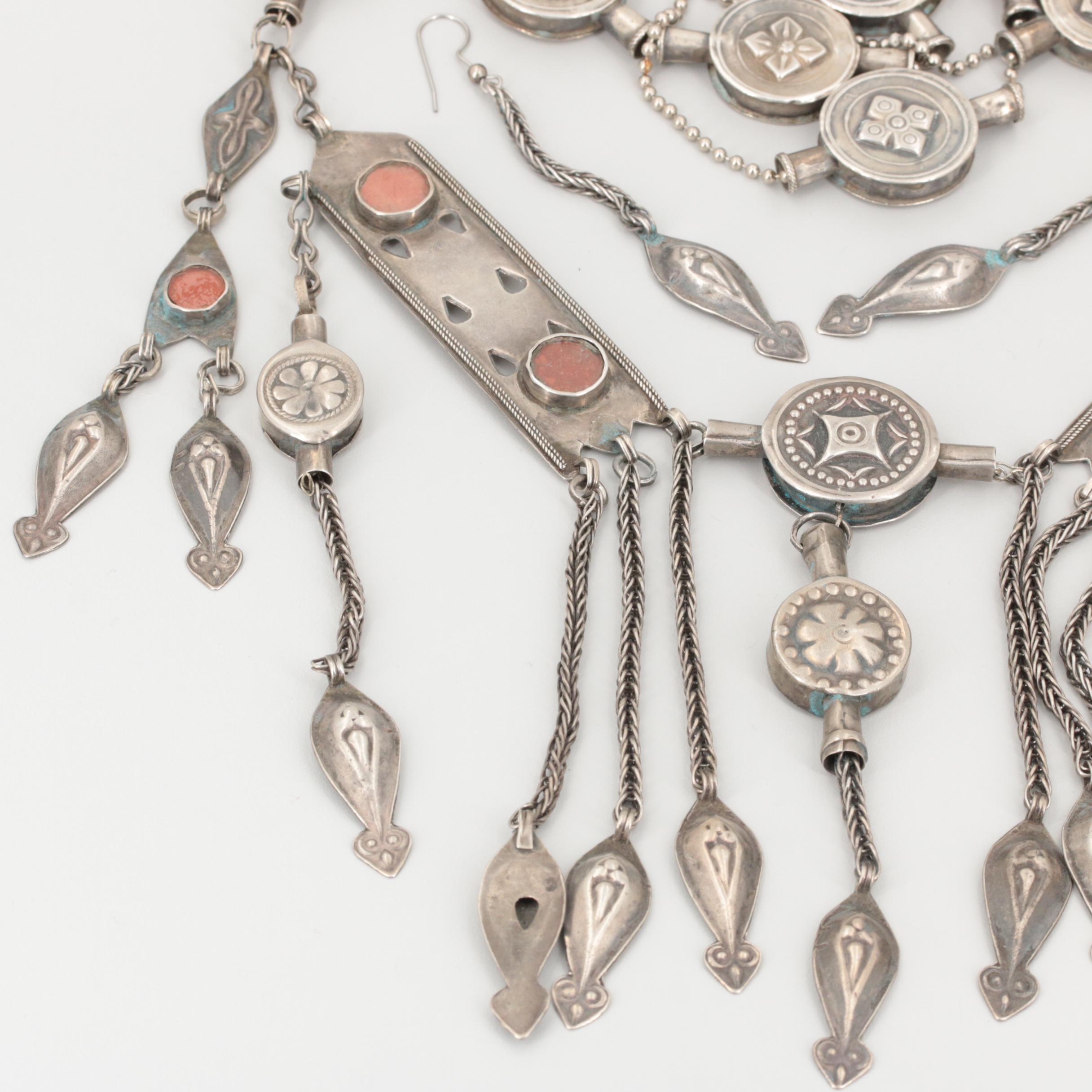 Vintage Kazakh Style Silver Tone Jewelry with Glass Accents