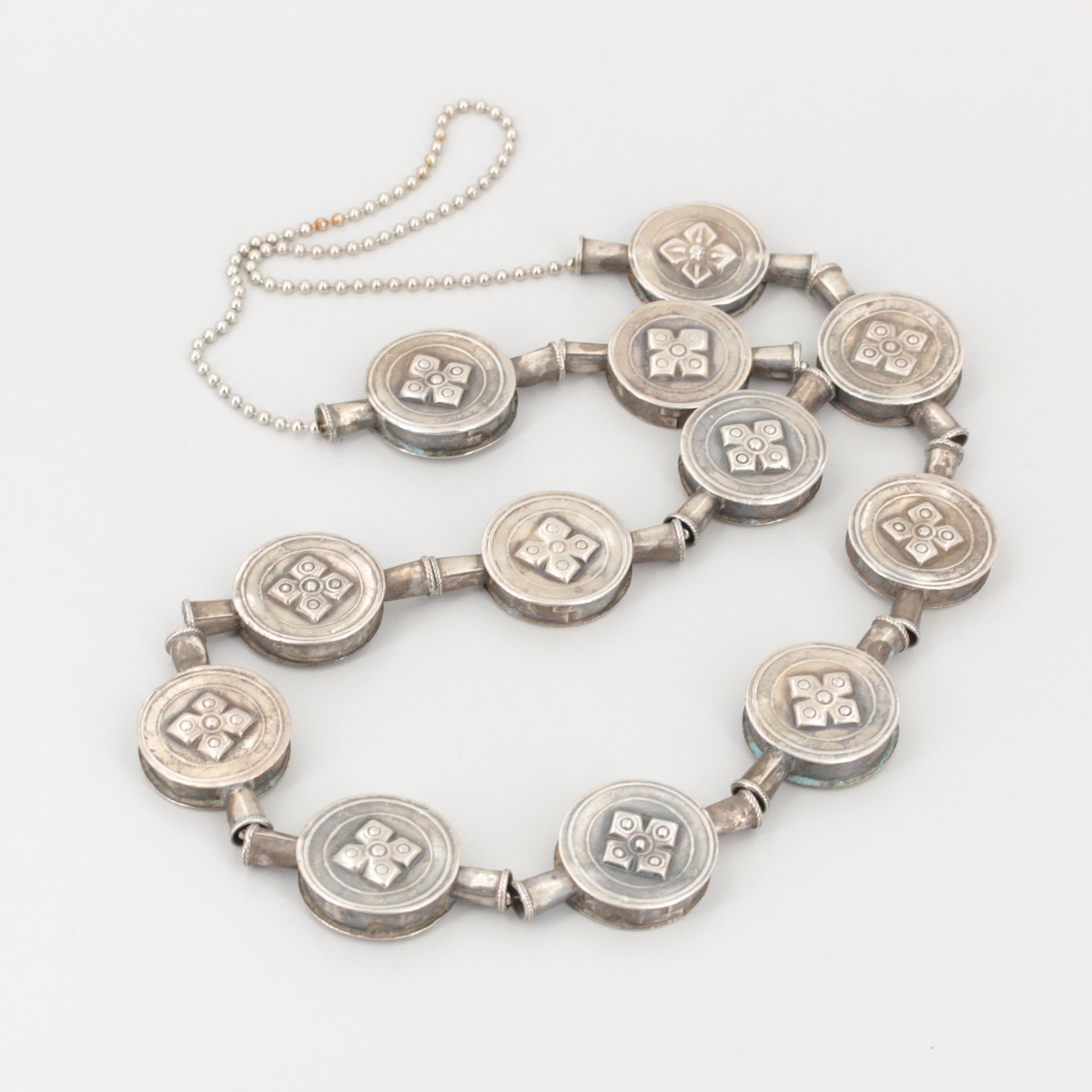 Vintage Kazakh Style Silver Tone Jewelry with Glass Accents