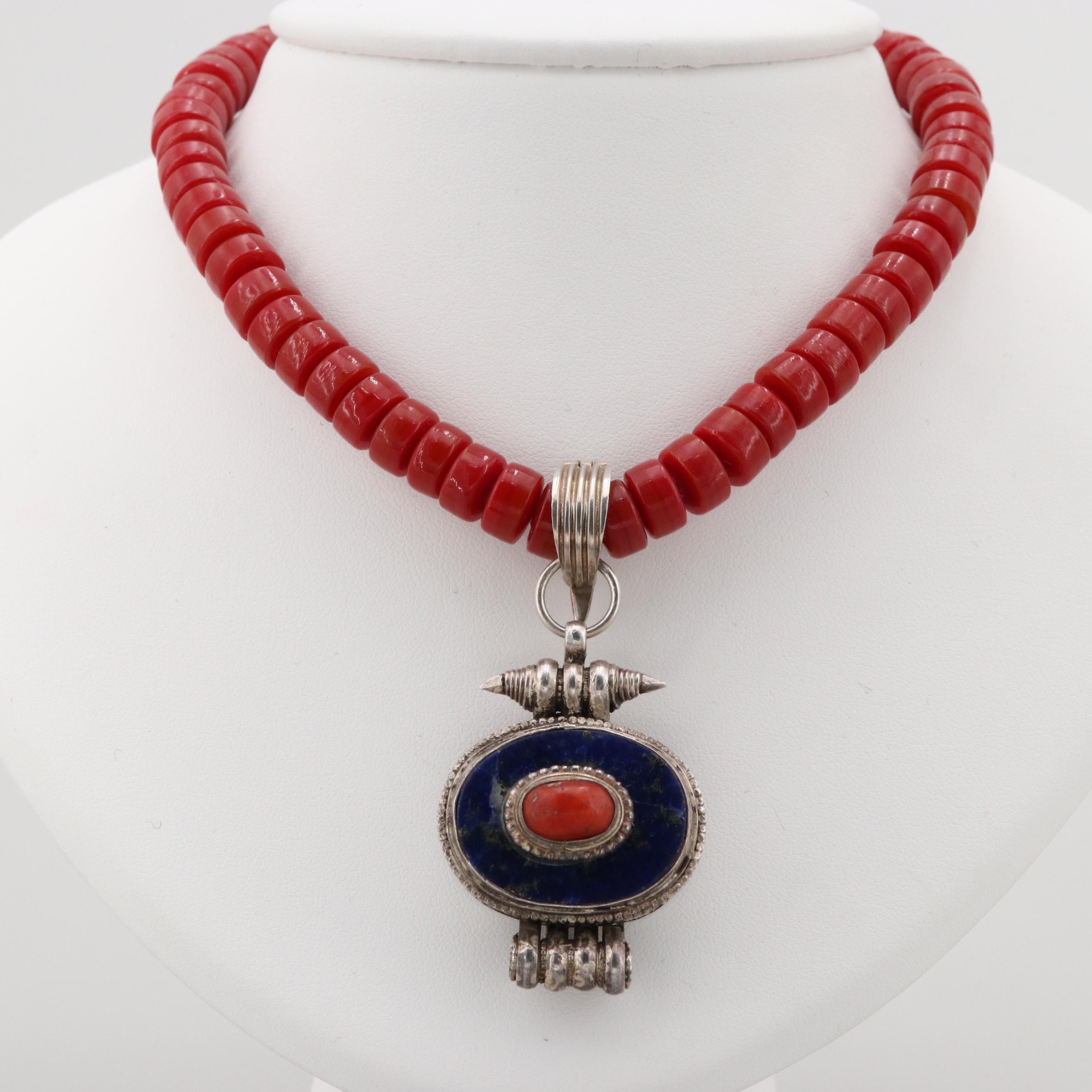 Sterling Silver and Silver Tone Coral, Lapis Lazuli, and Glass Necklace