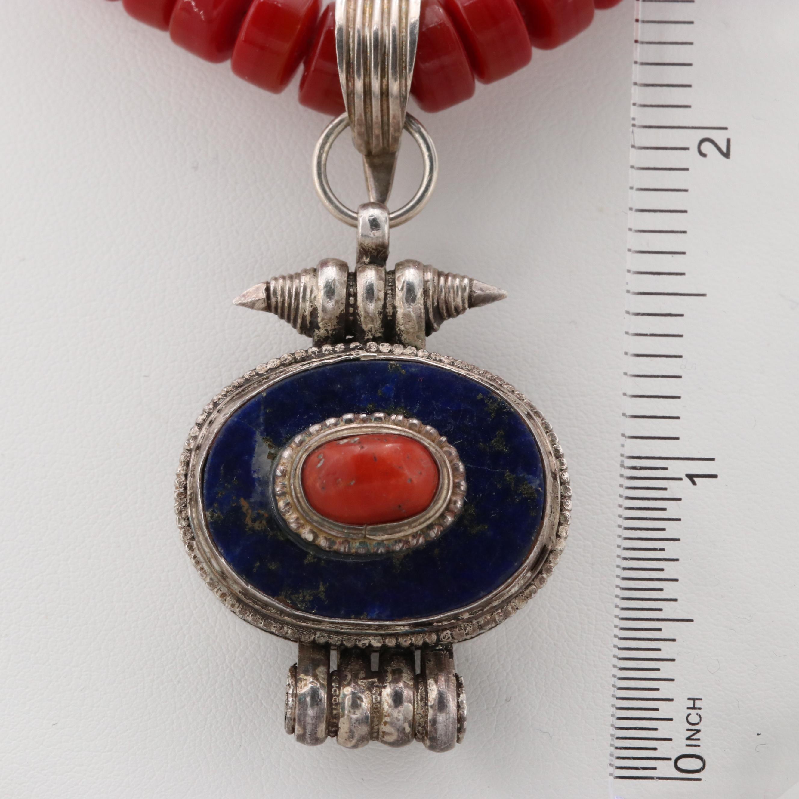 Sterling Silver and Silver Tone Coral, Lapis Lazuli, and Glass Necklace