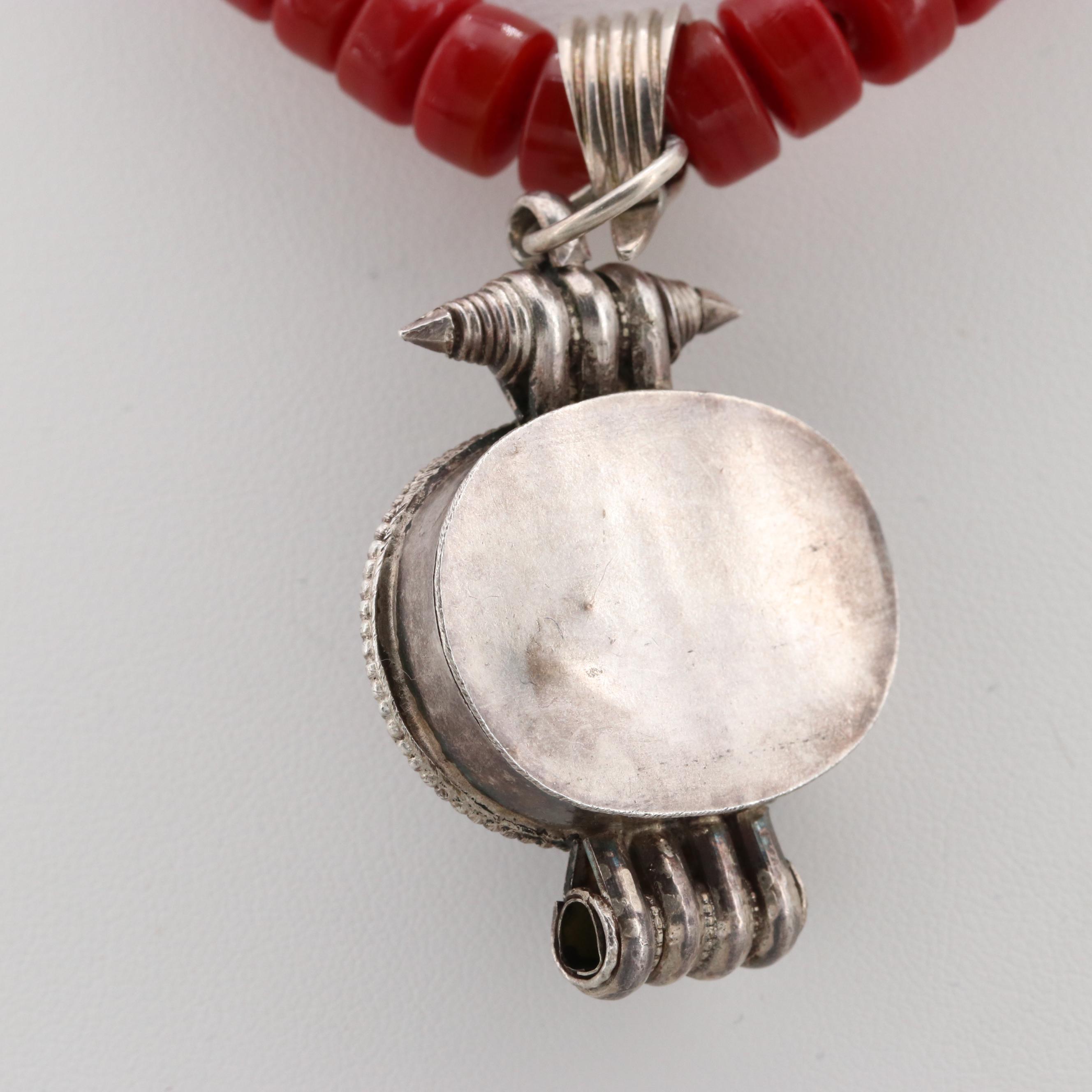 Sterling Silver and Silver Tone Coral, Lapis Lazuli, and Glass Necklace