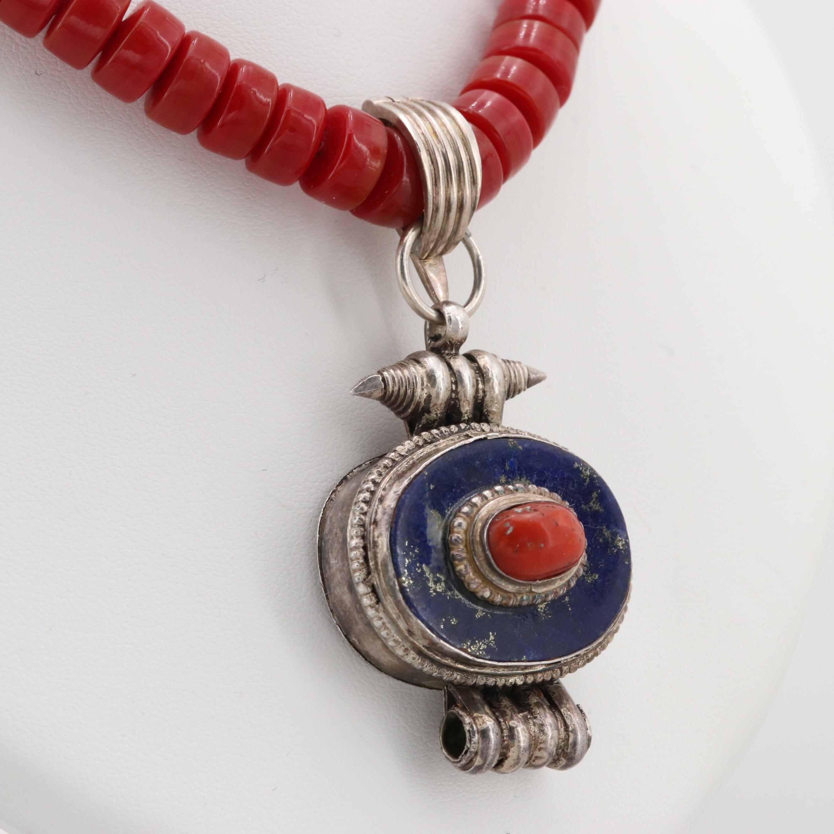 Sterling Silver and Silver Tone Coral, Lapis Lazuli, and Glass Necklace