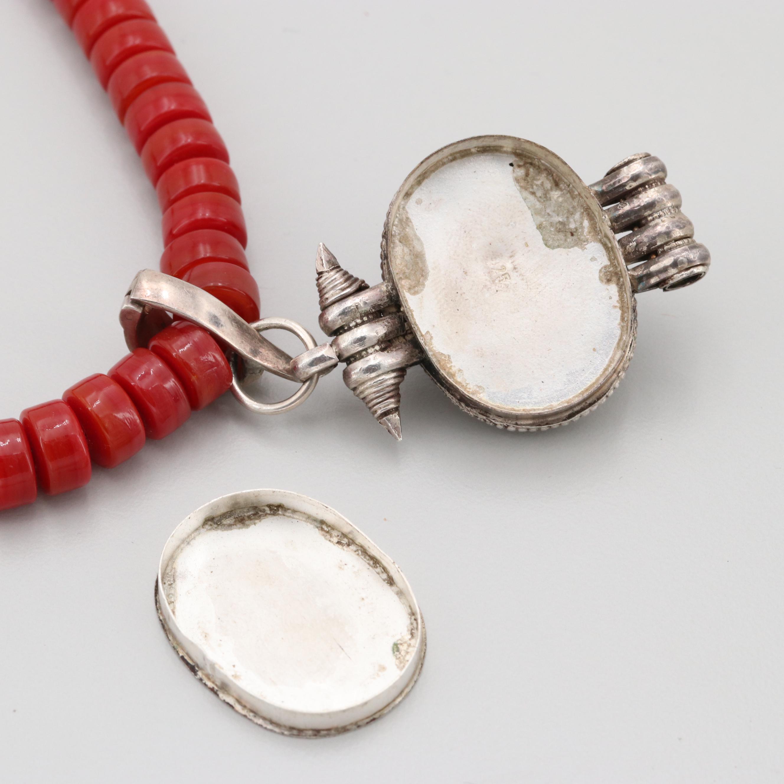 Sterling Silver and Silver Tone Coral, Lapis Lazuli, and Glass Necklace