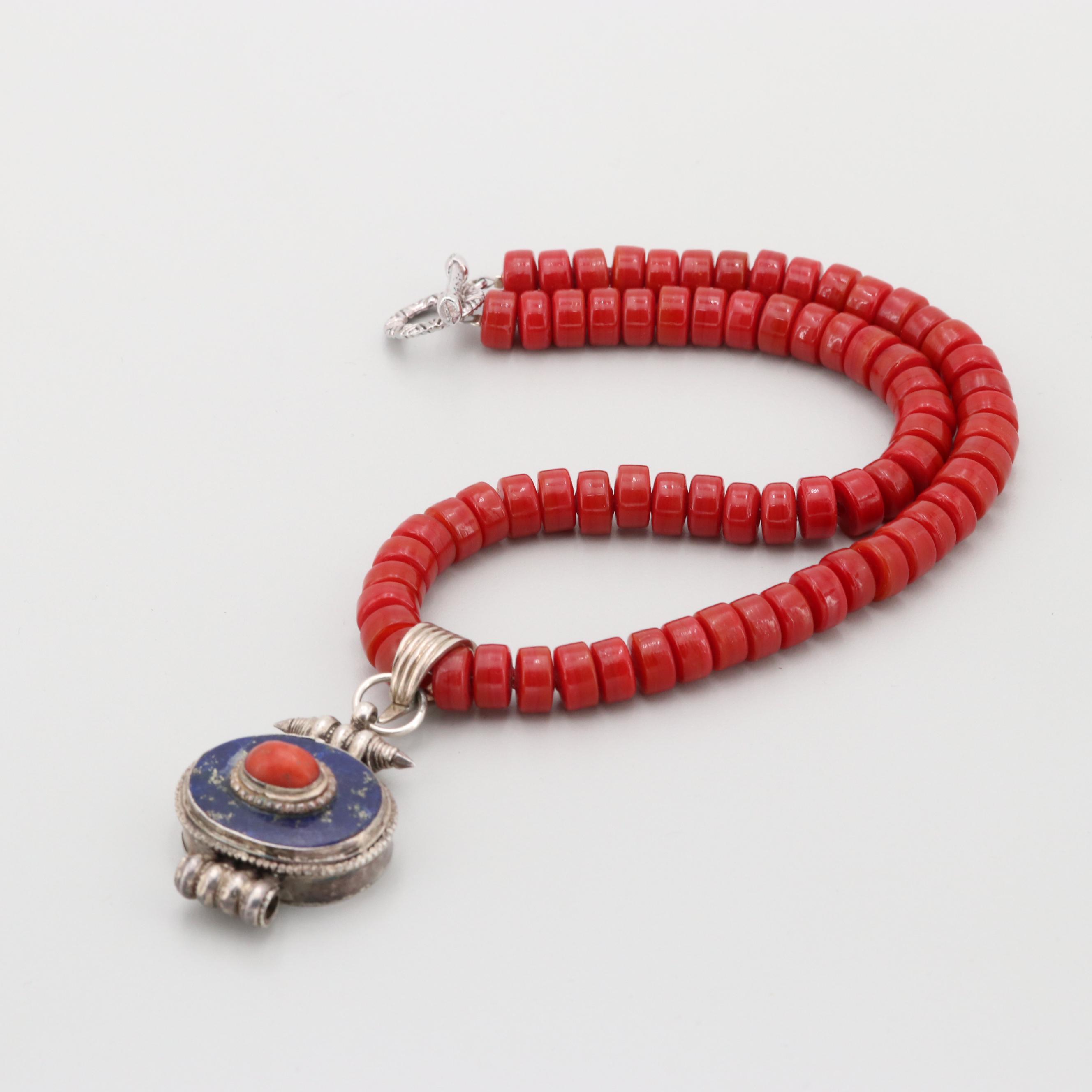 Sterling Silver and Silver Tone Coral, Lapis Lazuli, and Glass Necklace