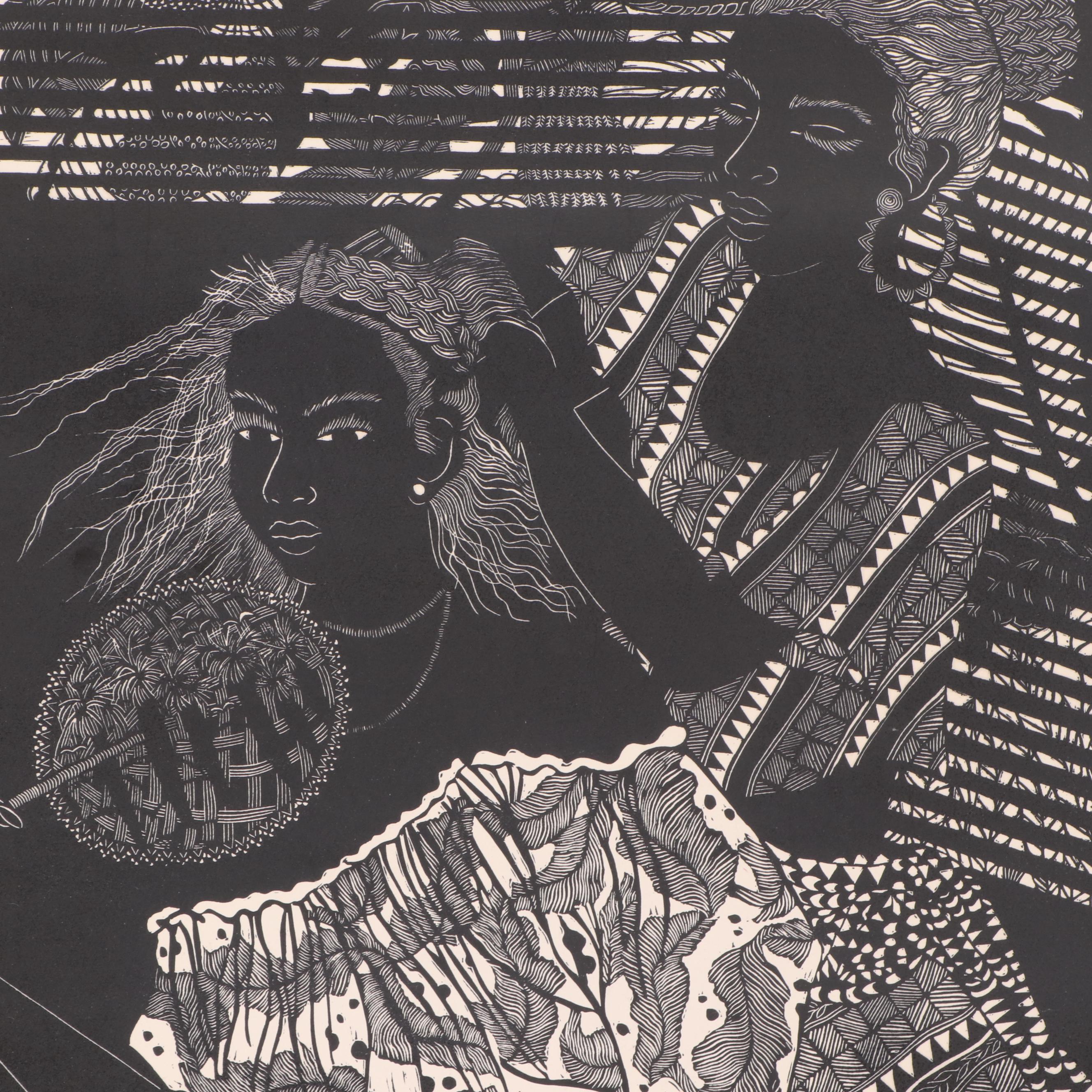 Nefertiti Goodman Linoleum Cut "Getting Fixed to Look Pretty"