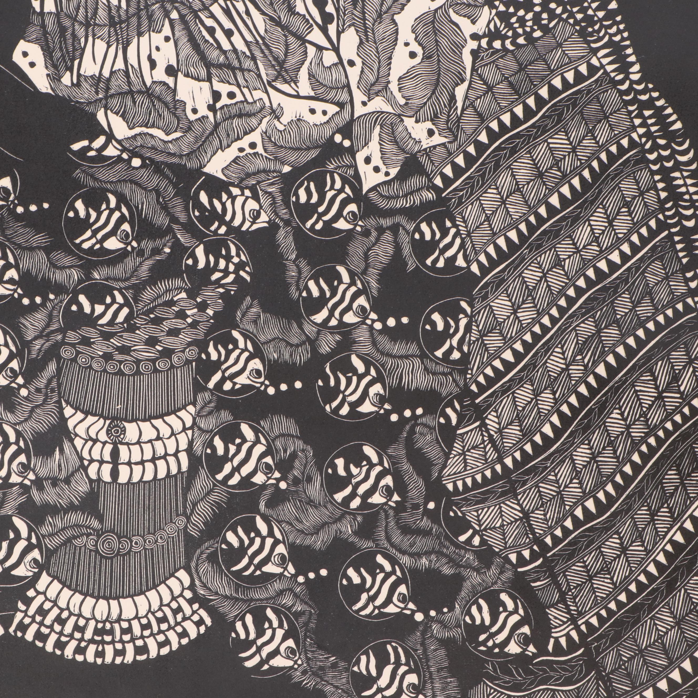 Nefertiti Goodman Linoleum Cut "Getting Fixed to Look Pretty"