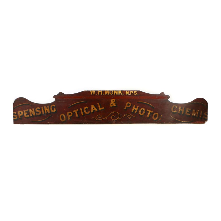 Partial Hand-Painted Wooden Druggist Store Sign, Early 20th Century