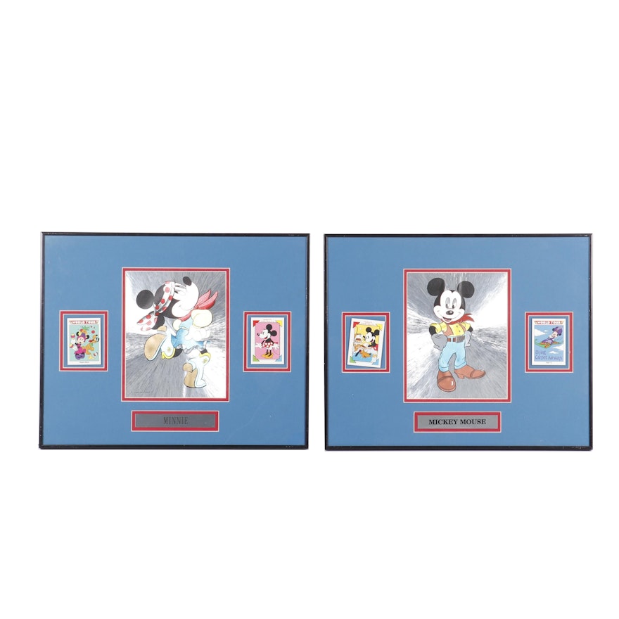 Framed 1980s Mickey and Minnie Mouse Foil Print with Trading Cards