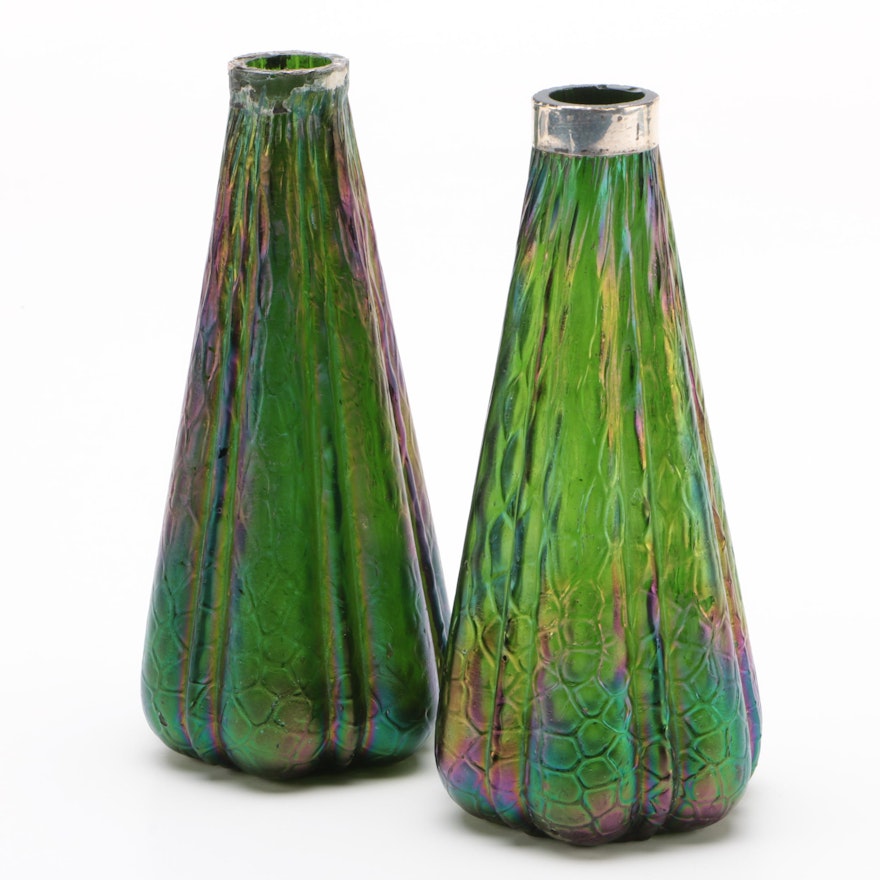 Thomas Webb Style Iridescent Martele Blown Glass Bud Vases with Sterling Collar