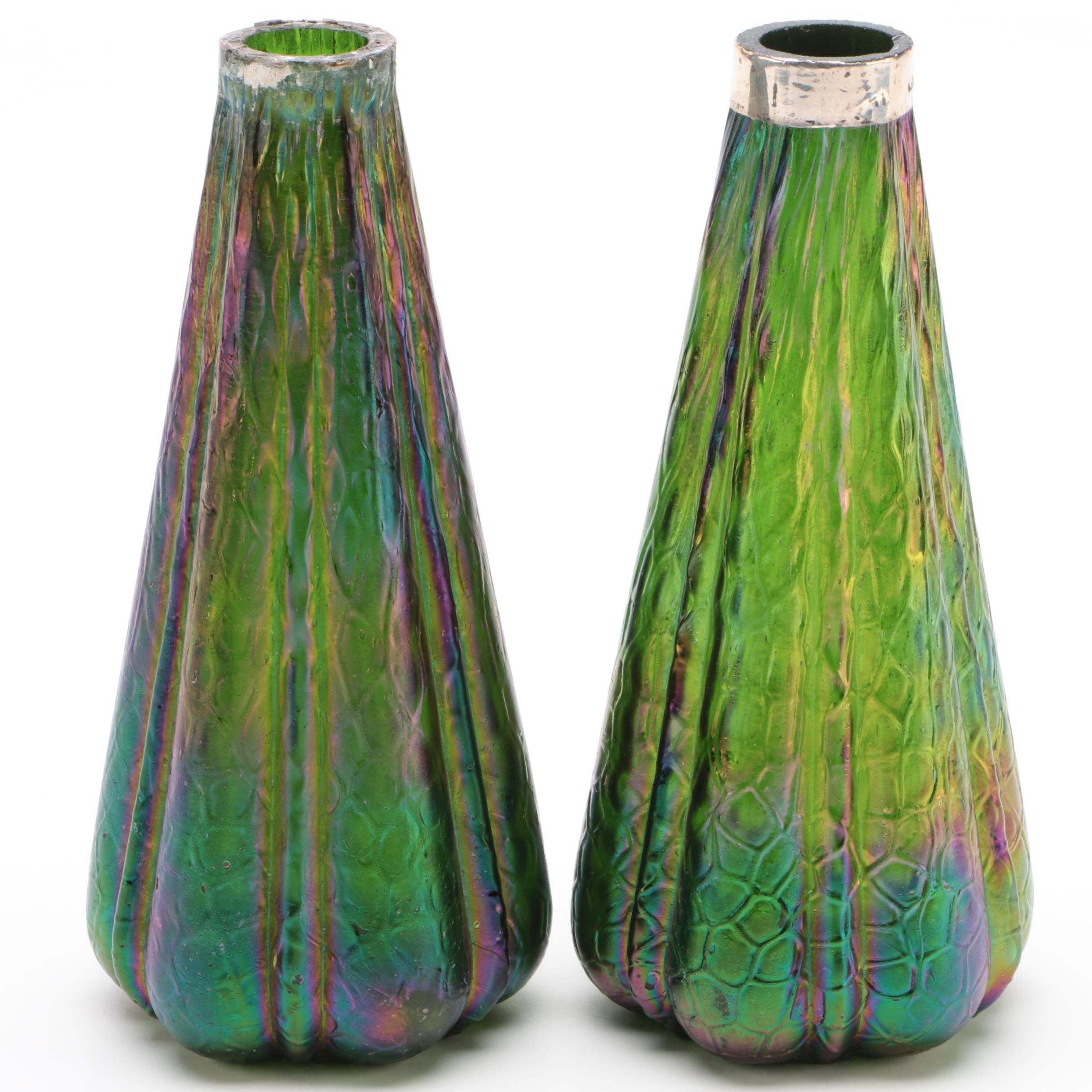Thomas Webb Style Iridescent Martele Blown Glass Bud Vases with Sterling Collar